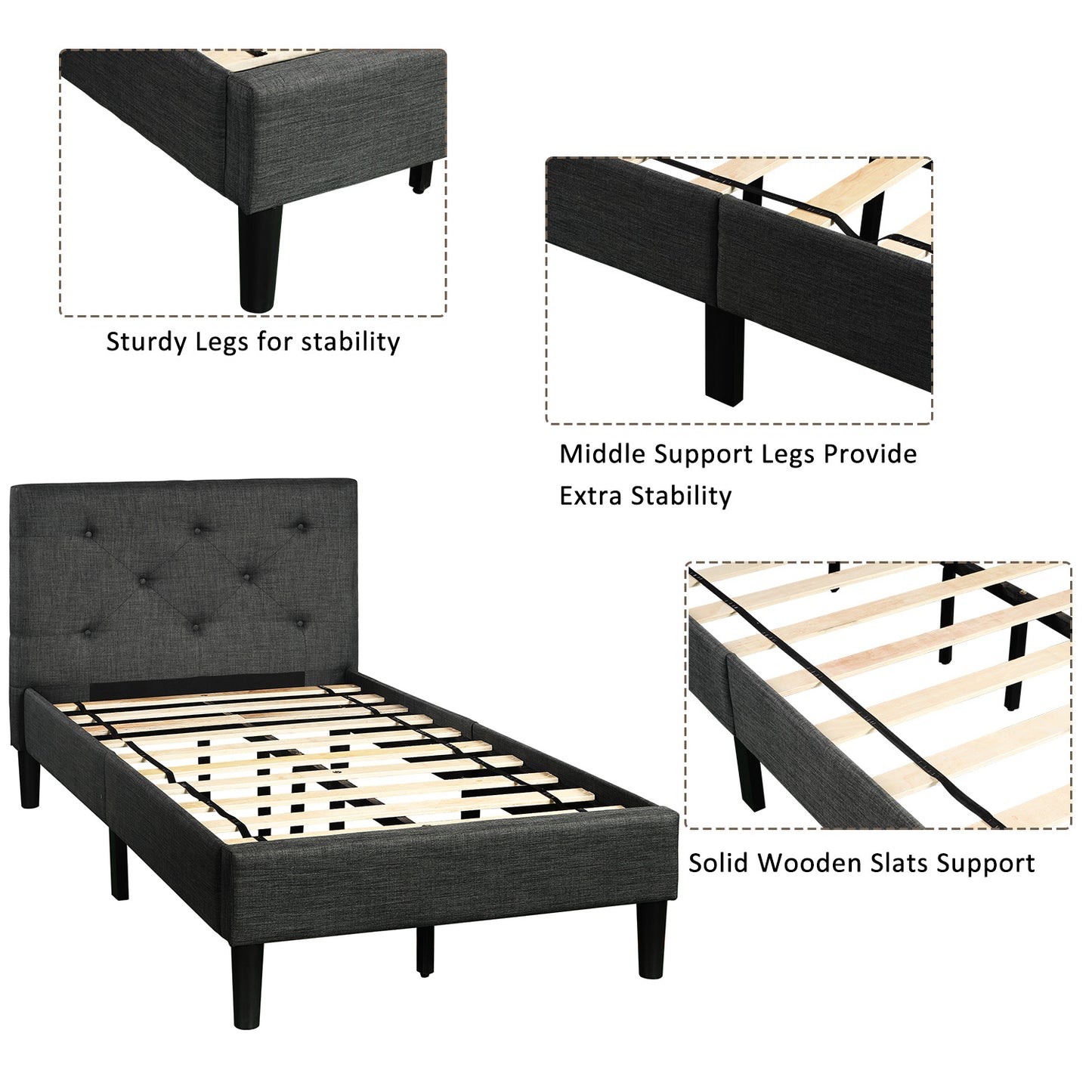SYNGAR Gray Fabric Upholstered Platform Bed Frame Twin Size with Button Tufted Headboard, Wood Frame Mattress Foundation with Strong Wooden Slat Support, No Box Spring Needed, Easy Assembly