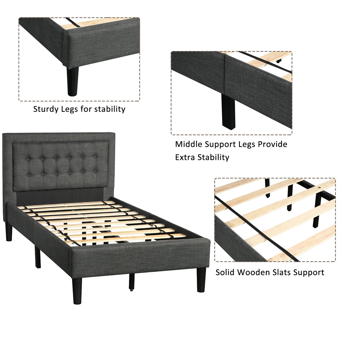 SYNGAR Gray Fabric Upholstered Platform Bed Frame Twin Size with Button Tufted Headboard, Wood Frame Mattress Foundation with Strong Wooden Slat Support, No Box Spring Needed, Easy Assembly