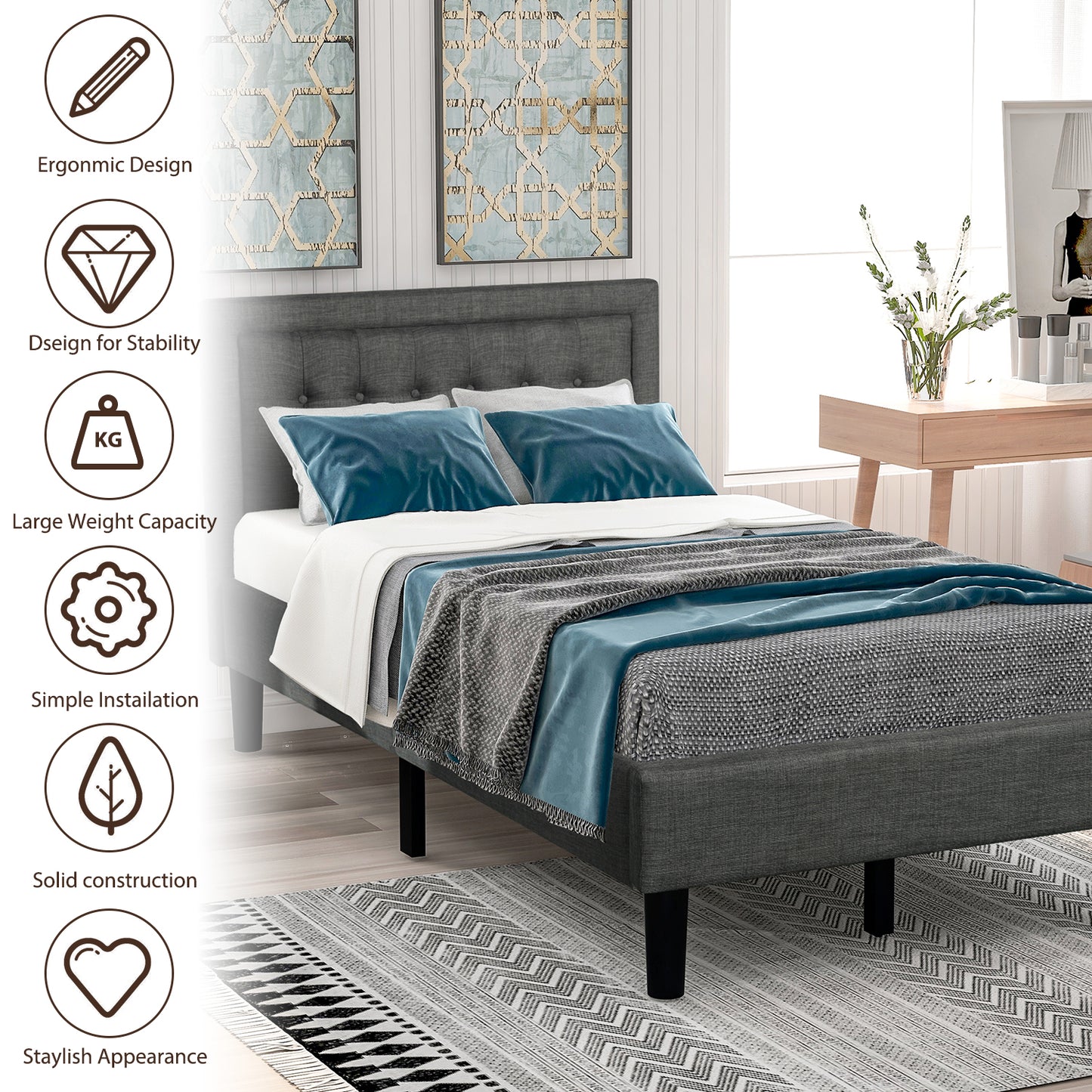 SYNGAR Gray Fabric Upholstered Platform Bed Frame Twin Size with Button Tufted Headboard, Wood Frame Mattress Foundation with Strong Wooden Slat Support, No Box Spring Needed, Easy Assembly