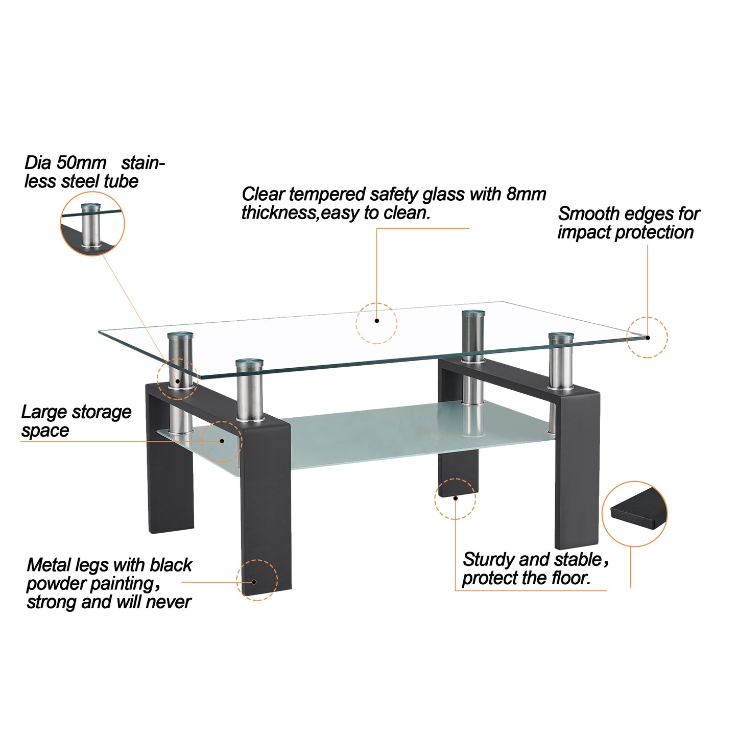 Rectangle Glass Coffee Table, Modern Side Center Table with Shelf & Metal Legs, Mid-Century Tempered Glass Top Tea Table for Living Room, Home Furniture Cocktail Coffee Table - Clear, B1263