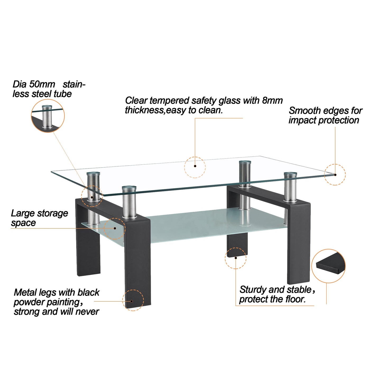 Rectangle, Modern Side Center Table with Shelf & Metal Legs, Mid-Century Tempered Glass Top Tea Table for Living Room, Home Furniture Cocktail Coffee Table - Clear, B1263