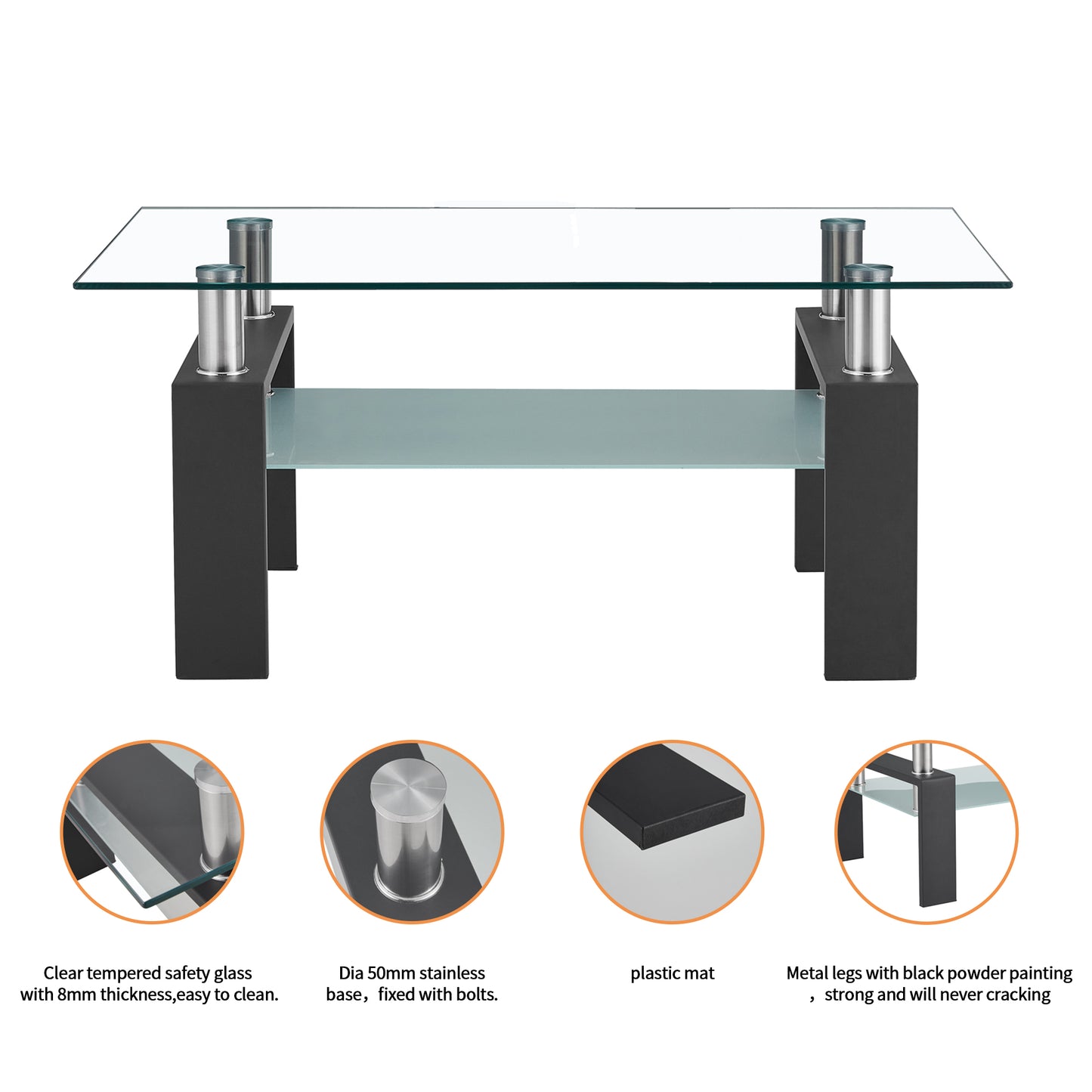 Rectangle Glass Coffee Table, Modern Side Center Table with Shelf & Metal Legs, Mid-Century Tempered Glass Top Tea Table for Living Room, Home Furniture Cocktail Coffee Table - Clear, B1263