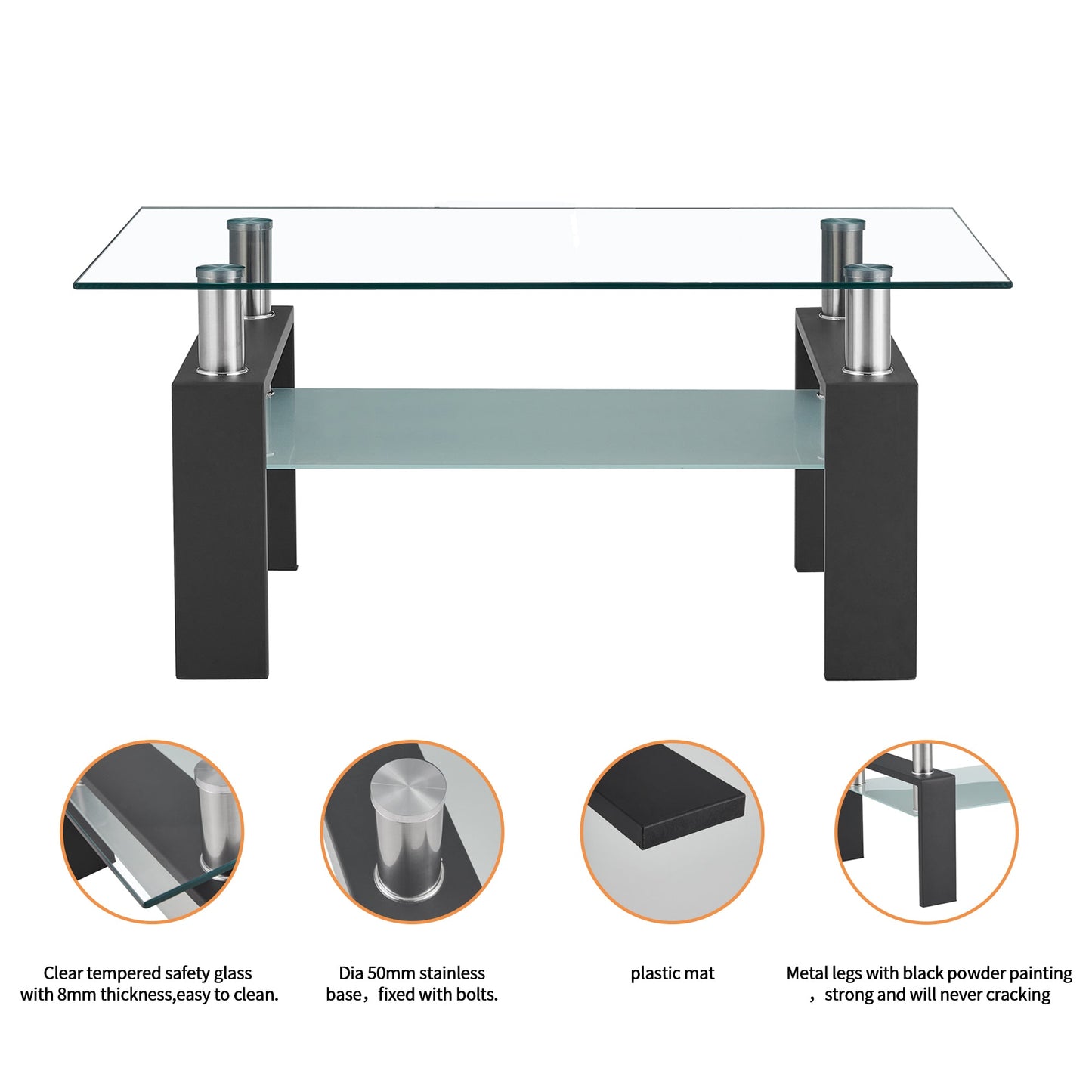 Rectangle, Modern Side Center Table with Shelf & Metal Legs, Mid-Century Tempered Glass Top Tea Table for Living Room, Home Furniture Cocktail Coffee Table - Clear, B1263