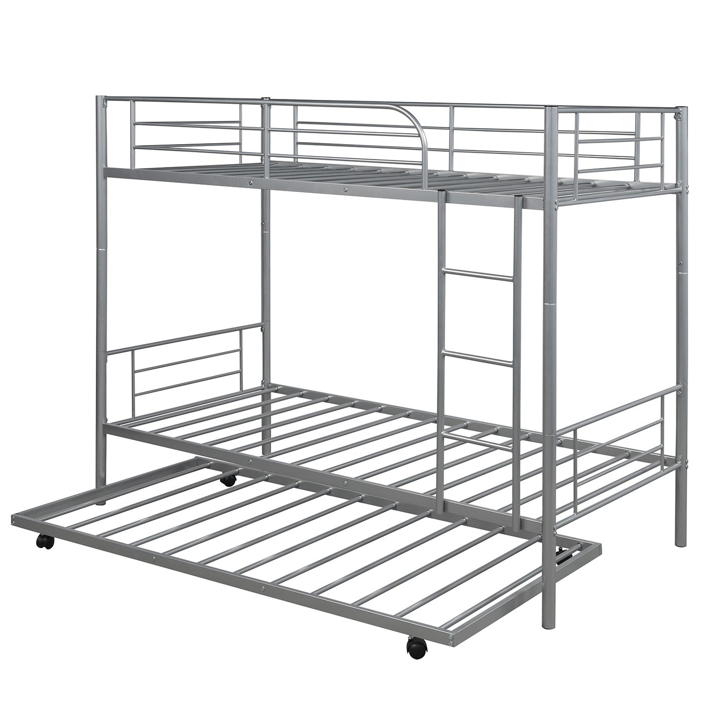SYNGAR Twin Over Twin Bunk Bed with Trundle, Metal Twin Bed with Safety Guard Rail & Ladders, Space-Saving Design Sleeping Bedroom Bunk Bed for Boys, Girls, Kids, Young Teens & Adults, Easy Assembly