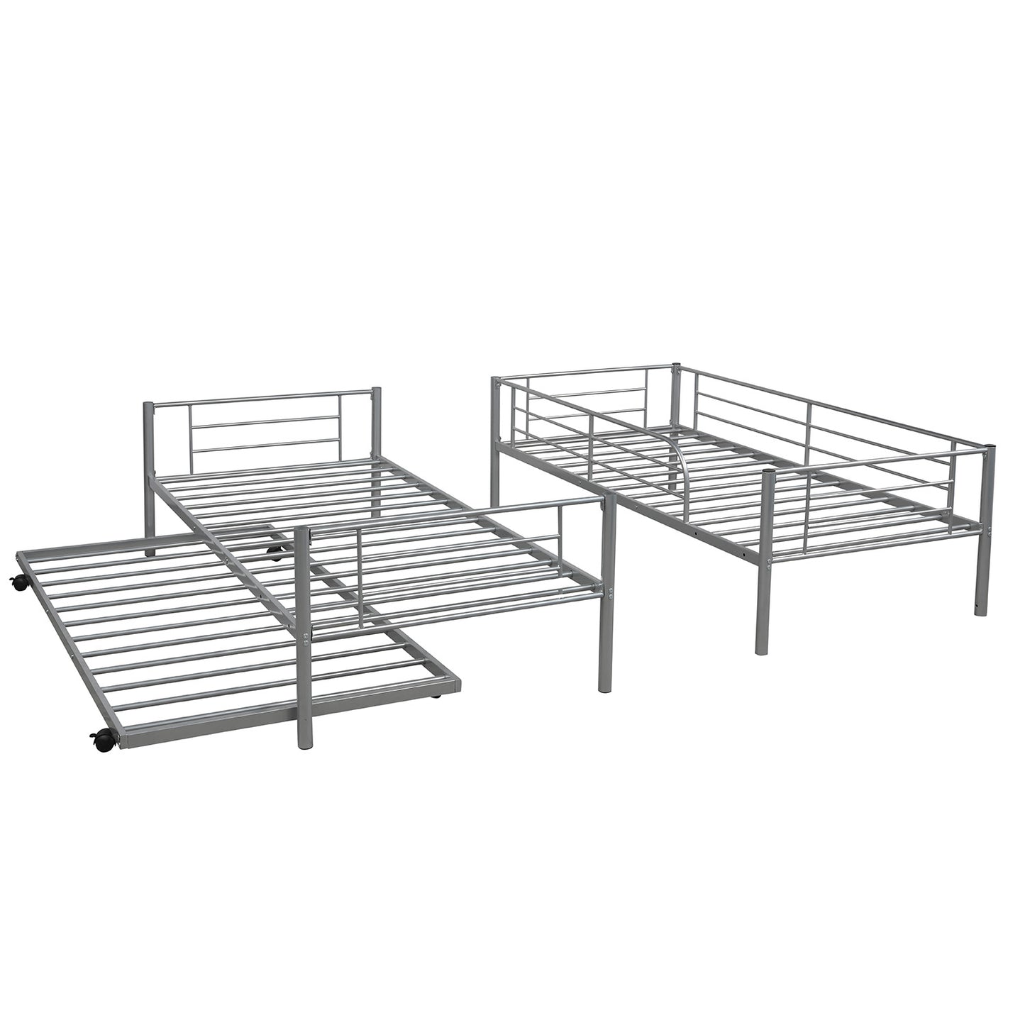 SYNGAR Twin Over Twin Bunk Bed with Trundle, Metal Twin Bed with Safety Guard Rail & Ladders, Space-Saving Design Sleeping Bedroom Bunk Bed for Boys, Girls, Kids, Young Teens & Adults, Easy Assembly