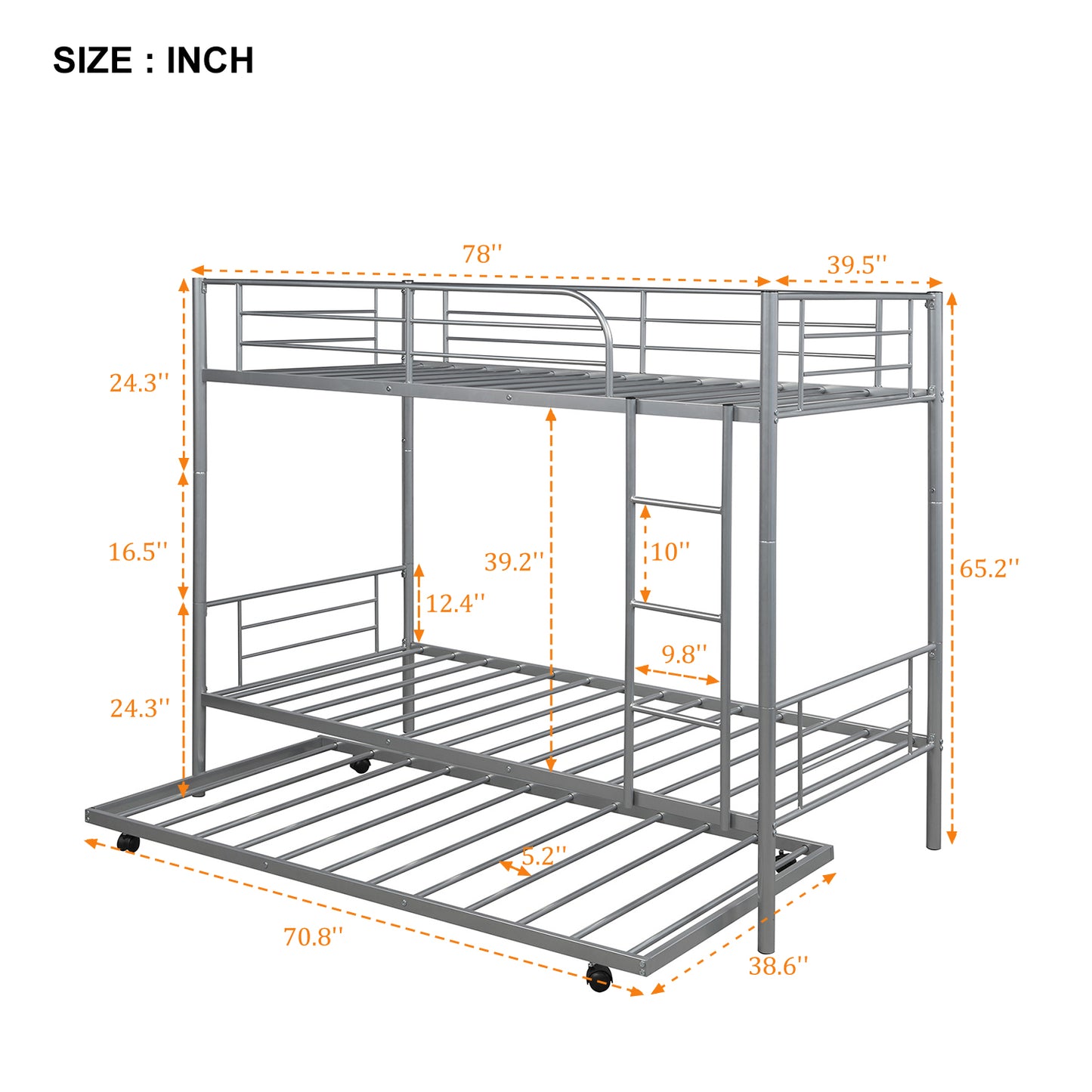 SYNGAR Twin Over Twin Bunk Bed with Trundle, Metal Twin Bed with Safety Guard Rail & Ladders, Space-Saving Design Sleeping Bedroom Bunk Bed for Boys, Girls, Kids, Young Teens & Adults, Easy Assembly