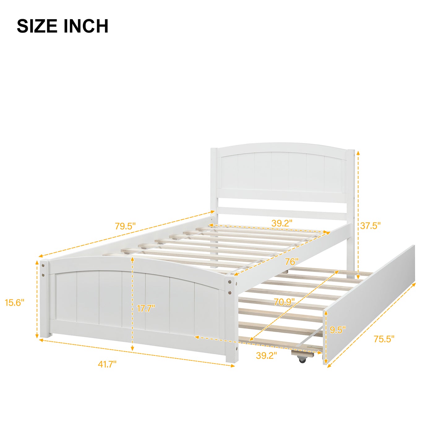 SYNGAR Twin Bed Frame with Trundle Included, Solid Pine Wood Platform Bed Frame for Kids Teens Adults, White, LJ723