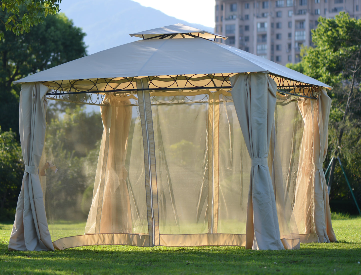 SYNGAR 10.5 x 10.5 ft Outdoor Gazebo, Patio Canopy for Shade and Rain with Mosquito Netting, Soft Top Relaxing Gazebo with Double Vented Roof, for Poolside, Lawn, Backyard, Deck, Garden, Beige, Y021