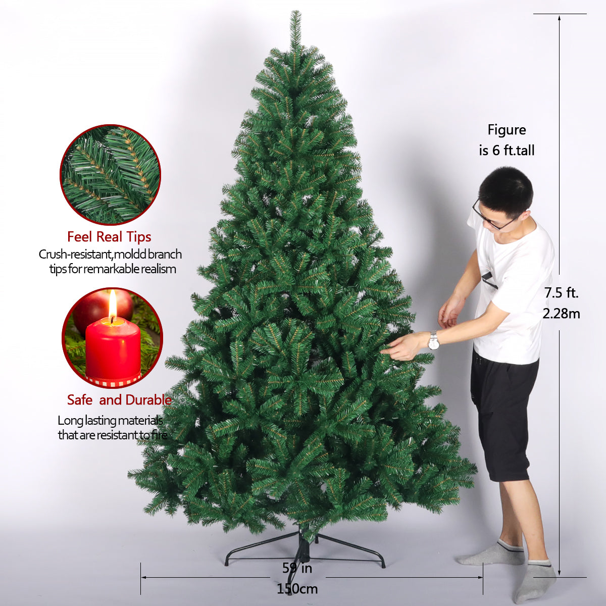 SYNGAR Christmas Decorations, 7.5ft Artificial Christmas Tree Spruce with Foldable Metal Stand for Festivals, Green, LJ204