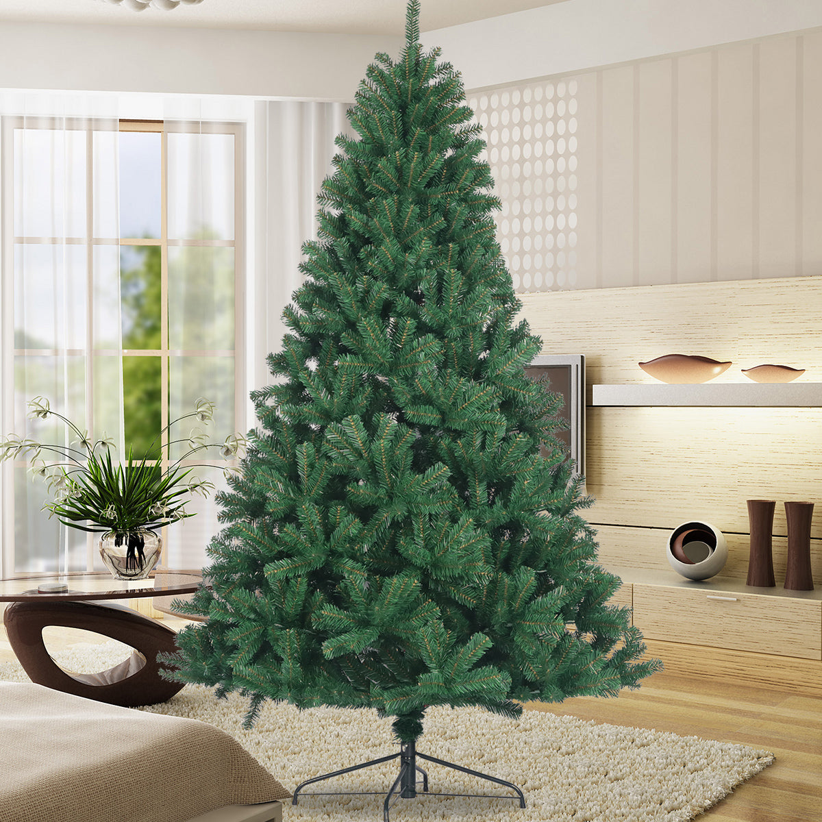 SYNGAR Christmas Decorations, 7.5ft Artificial Christmas Tree Spruce with Foldable Metal Stand for Festivals, Green, LJ204