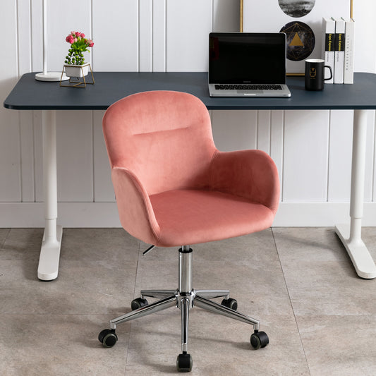 Velvet Vanity Chair, Home Office Chair with 360° Swivel and Height Adjustable, Modern Arm Accent Chair, Comfy Upholstered Chair with Backrest for Home Office/Study Room/Bedroom, Bean Paste Red, C21