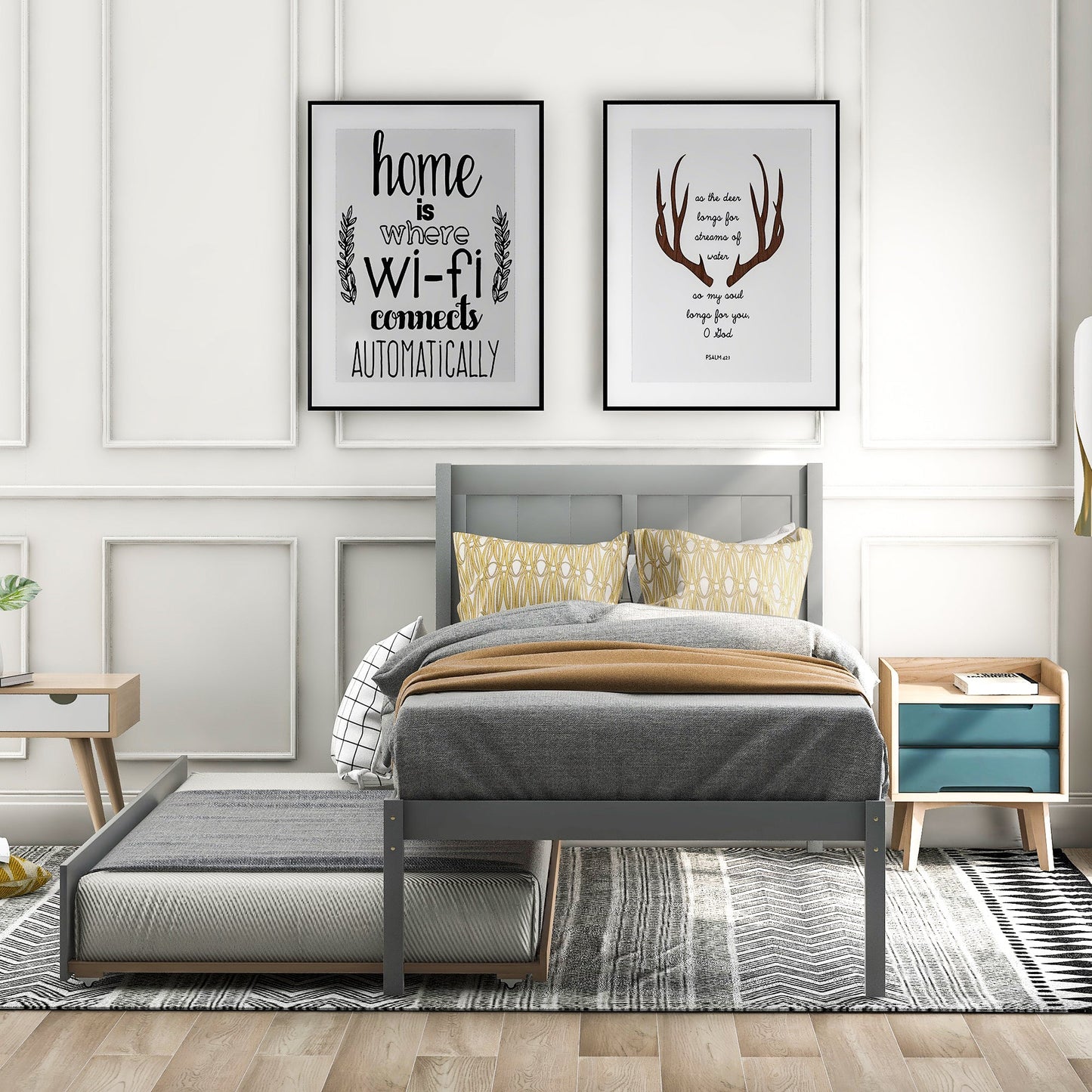 SYNGAR Twin Bed with Trundle, Wood Twin Platform Bed with Headboard, Captains Bed for Bedroom Small Living Space, Daybed with Trundle for Boys Girls, No Box Spring Needed - Gray, K4057