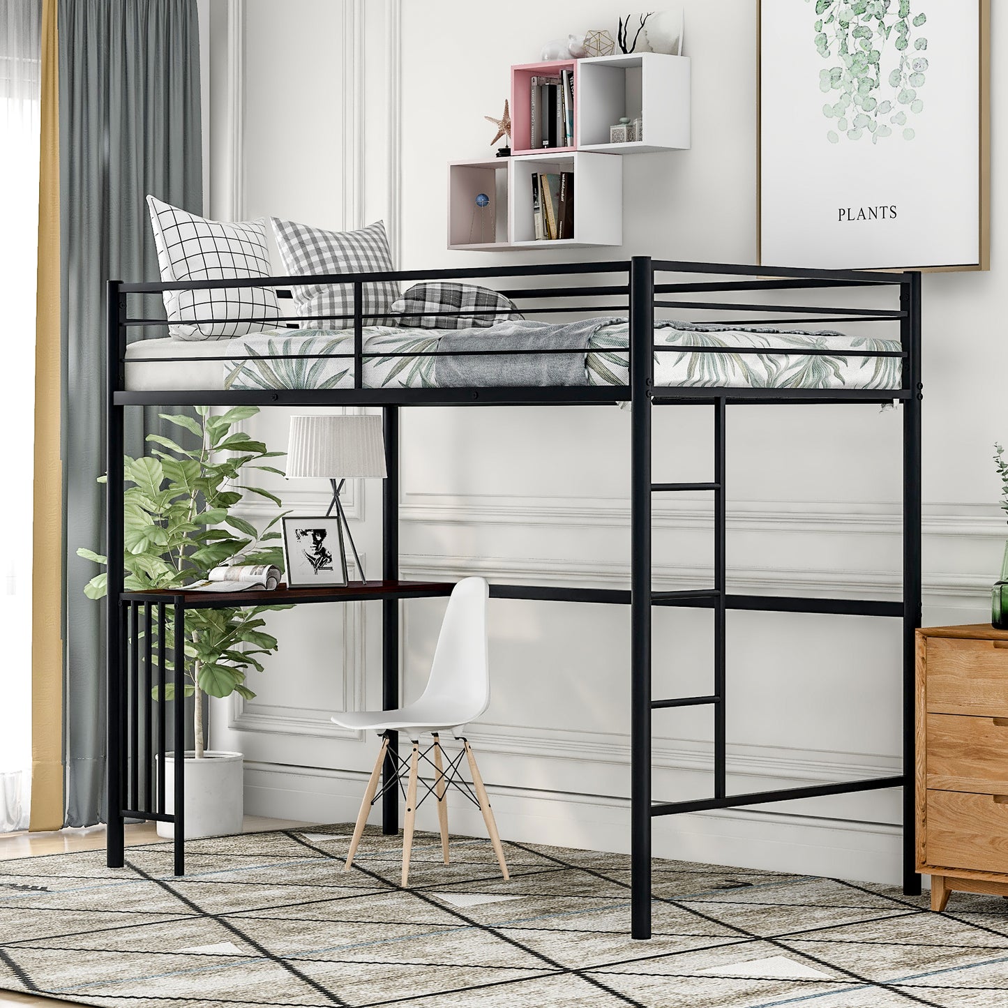 SYNGAR Twin Loft Bed with Desk, Metal Loft Bed with 4 Storage Shelves, Space-Saving Bed Frame with Bilateral Ladders and Safety Guard Rails for Boys Girls Kids Teens Adults, Black