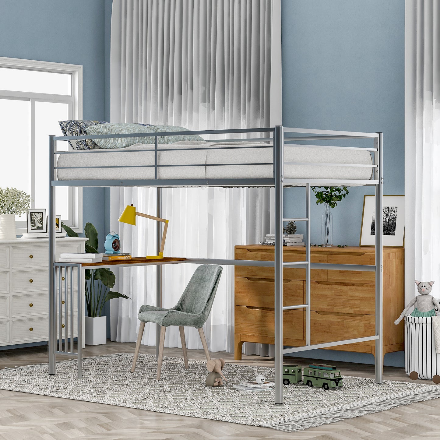 SYNGAR Twin Loft Bed with Desk, Metal Loft Bed with 4 Storage Shelves, Space-Saving Bed Frame with Bilateral Ladders and Safety Guard Rails for Boys Girls Kids Teens Adults, Black