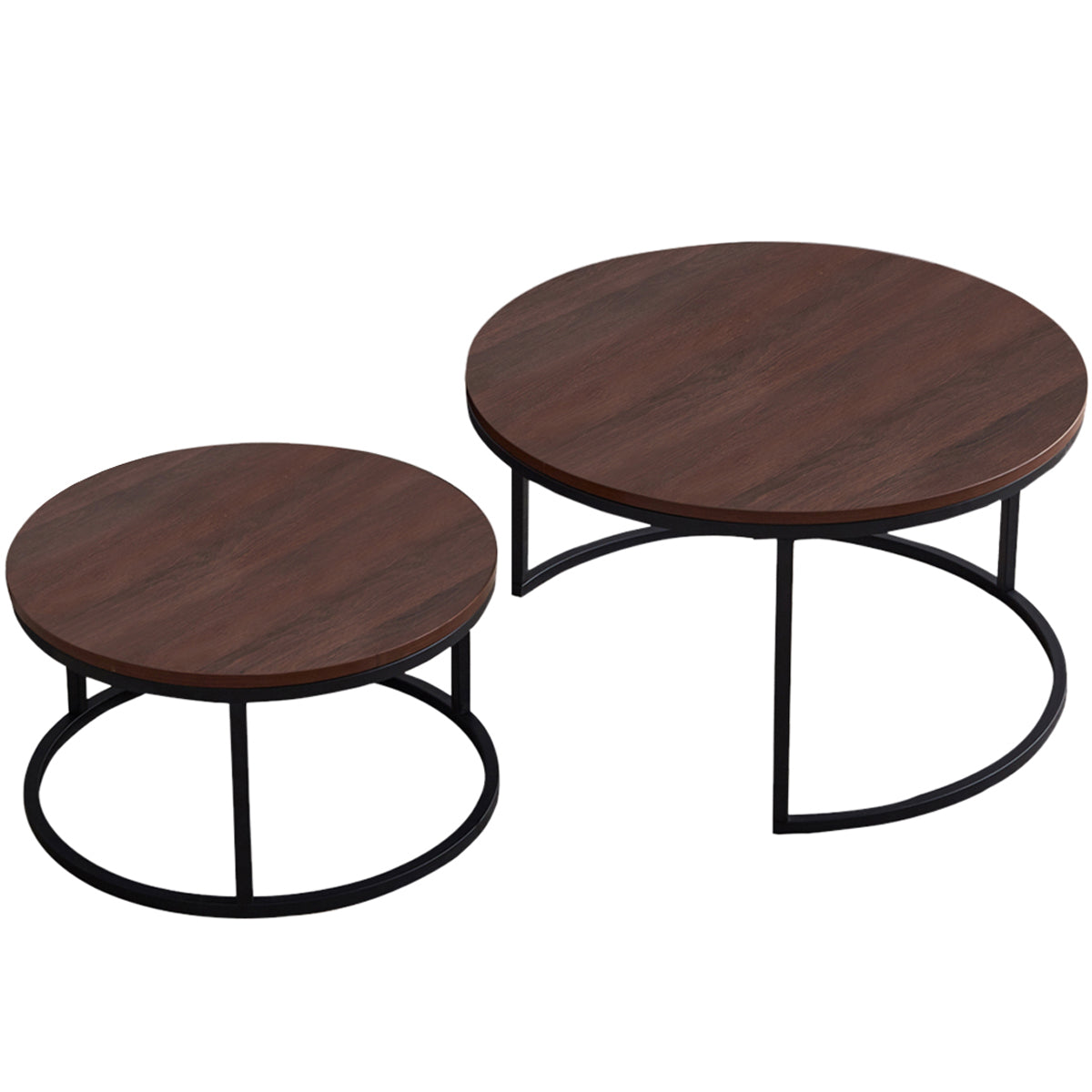 SYNGAR Round Modern Nesting Coffee Set of 2, Stacking Living Room Accent Tables with Industrial Wood Finish and Powder Coated Metal Frame, Walnut and Black