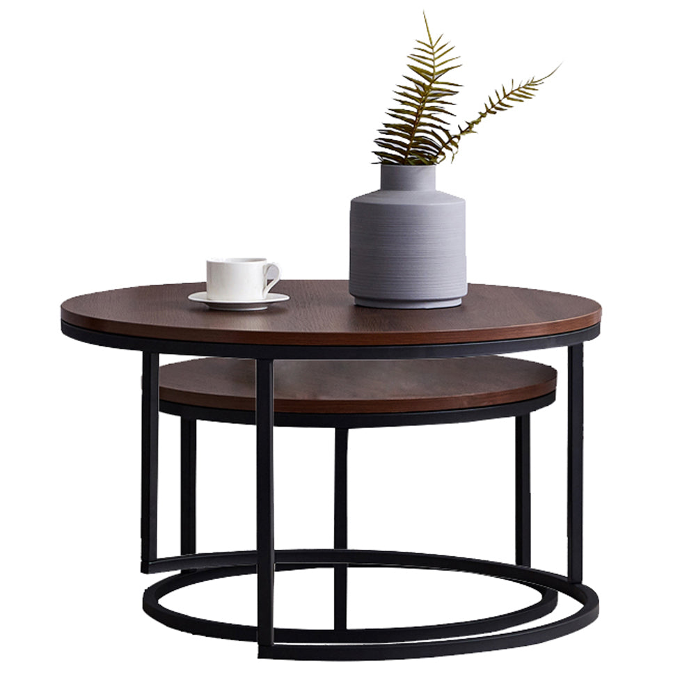 SYNGAR Round Modern Nesting Coffee Set of 2, Stacking Living Room Accent Tables with Industrial Wood Finish and Powder Coated Metal Frame, Walnut and Black