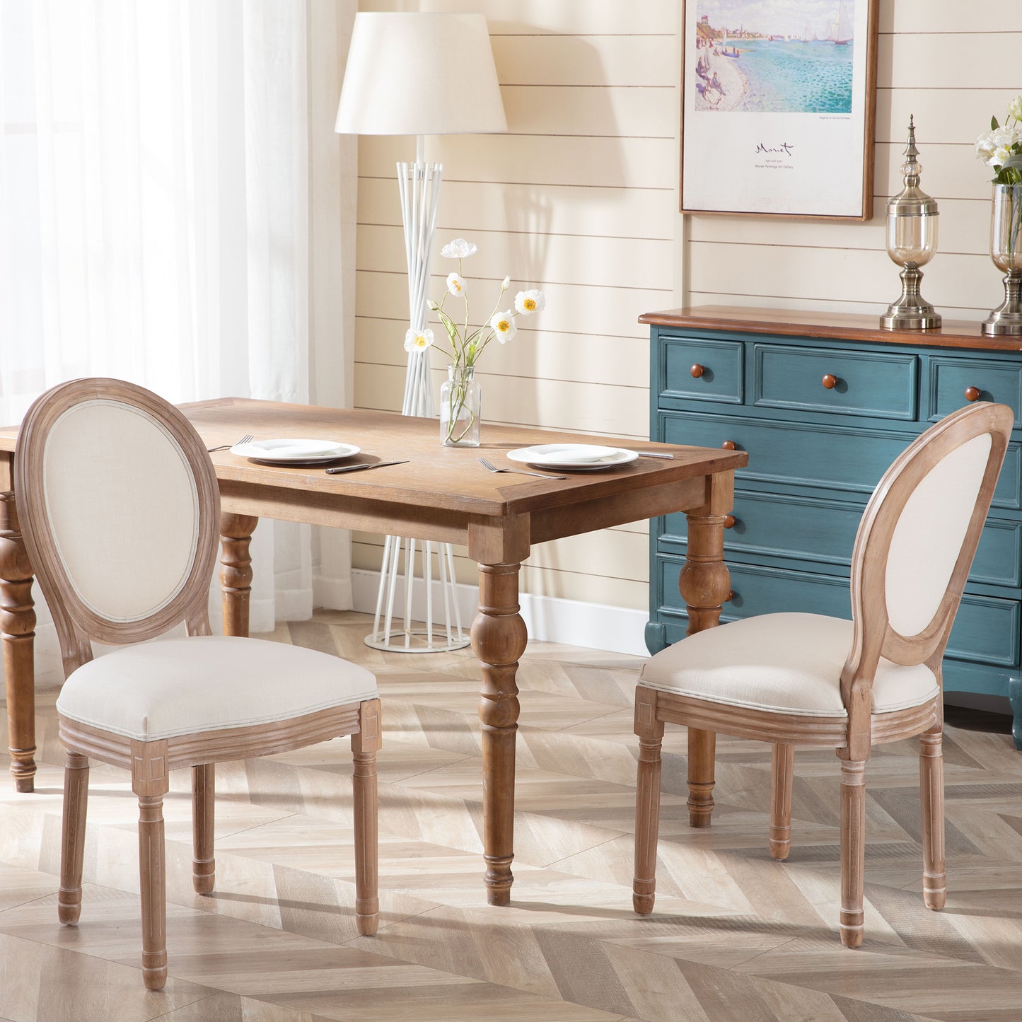 SYNGAR Upholstered Fabric Dining Chairs Set of 2, Solid Wood Modern French Kitchen Chairs, Beige