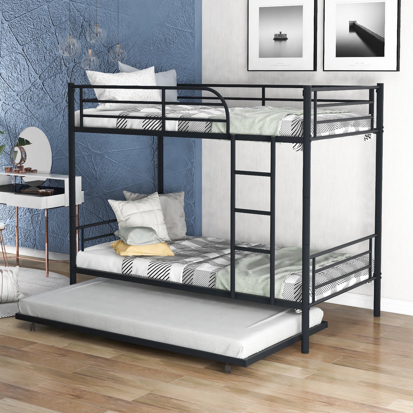 SYNGAR Twin Over Twin Bunk Bed with Trundle, Metal Twin Bed with Safety Guard Rail & Ladders, Space-Saving Design Sleeping Bedroom Bunk Bed for Boys, Girls, Kids, Young Teens & Adults, Easy Assembly