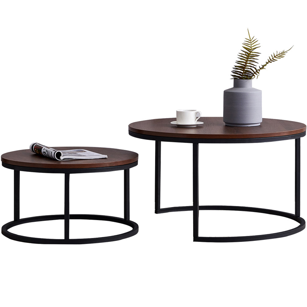 SYNGAR Round Modern Nesting Coffee Set of 2, Stacking Living Room Accent Tables with Industrial Wood Finish and Powder Coated Metal Frame, Walnut and Black
