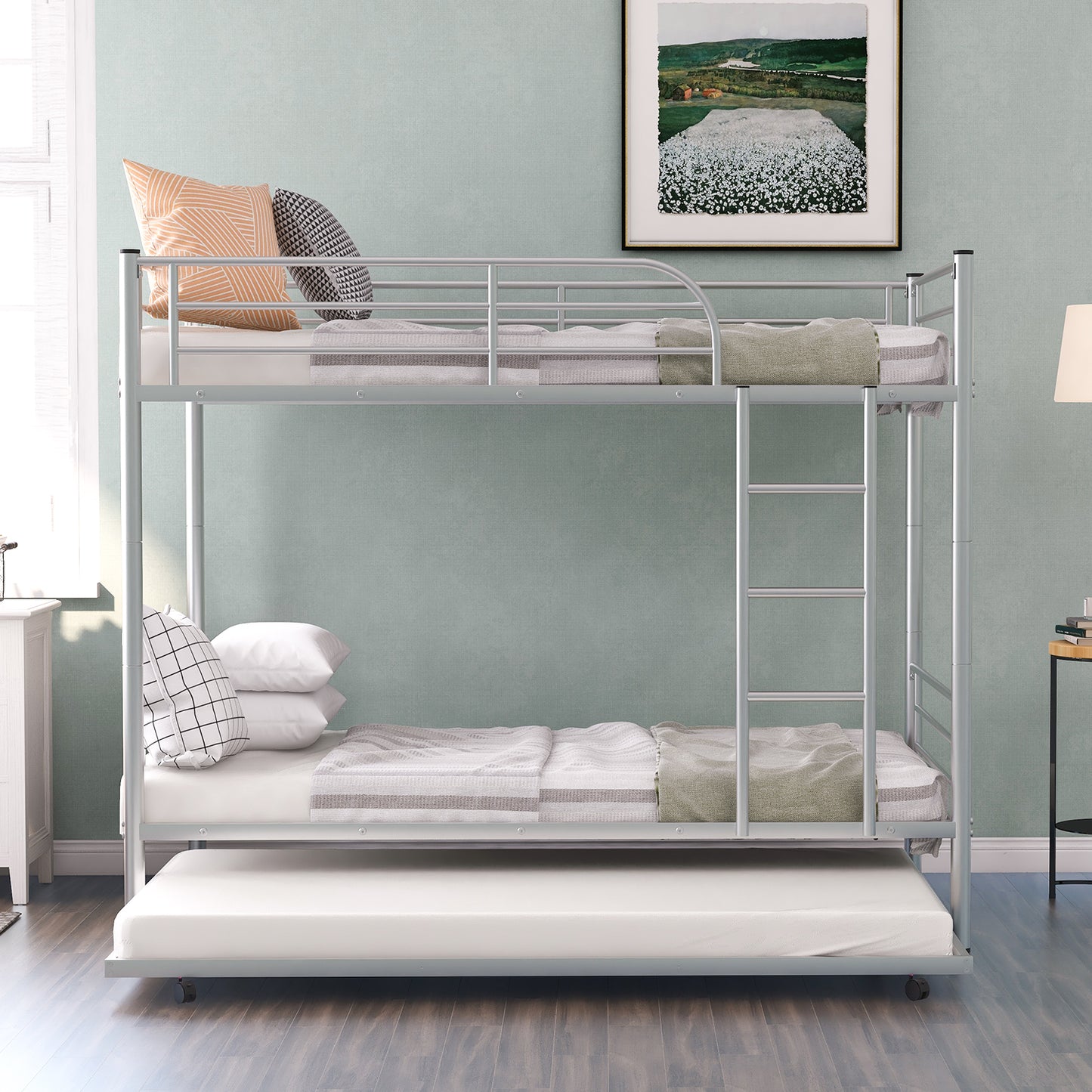 SYNGAR Twin Over Twin Bunk Bed with Trundle, Metal Twin Bed with Safety Guard Rail & Ladders, Space-Saving Design Sleeping Bedroom Bunk Bed for Boys, Girls, Kids, Young Teens & Adults, Easy Assembly