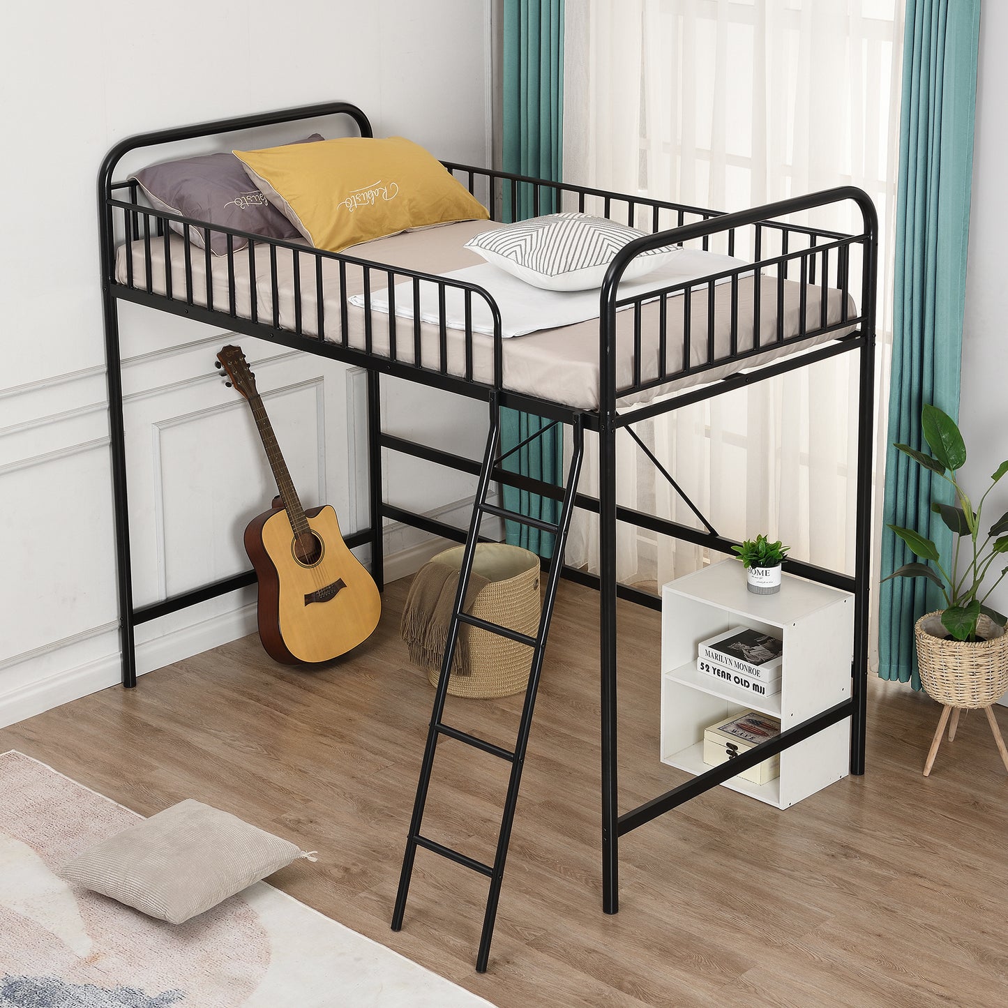 Twin Loft Bed Frame for Teens Kids, Metal Bed Frames in Twin w/ Guardrail and Underneath Space for Bedroom, Black, LJ436