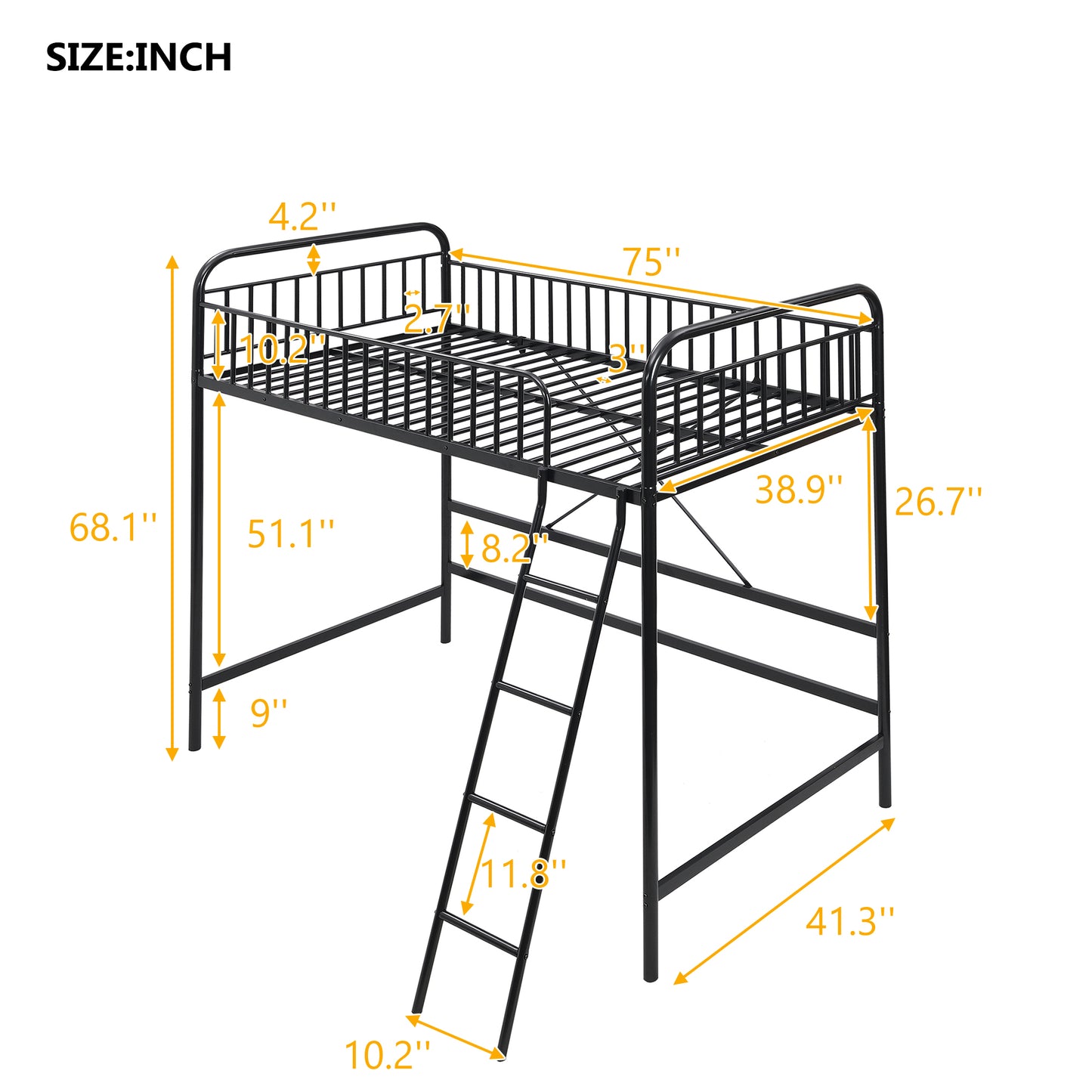 Twin Loft Bed Frame for Teens Kids, Metal Bed Frames in Twin w/ Guardrail and Underneath Space for Bedroom, Black, LJ436