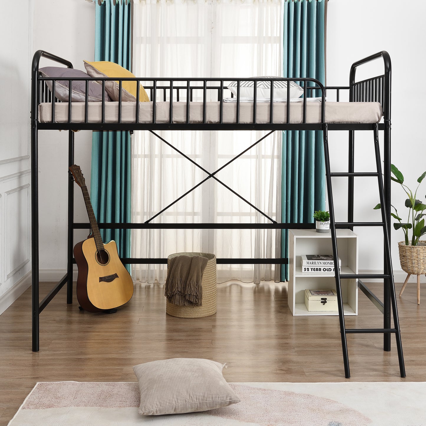 Twin Loft Bed Frame for Teens Kids, Metal Bed Frames in Twin w/ Guardrail and Underneath Space for Bedroom, Black, LJ436
