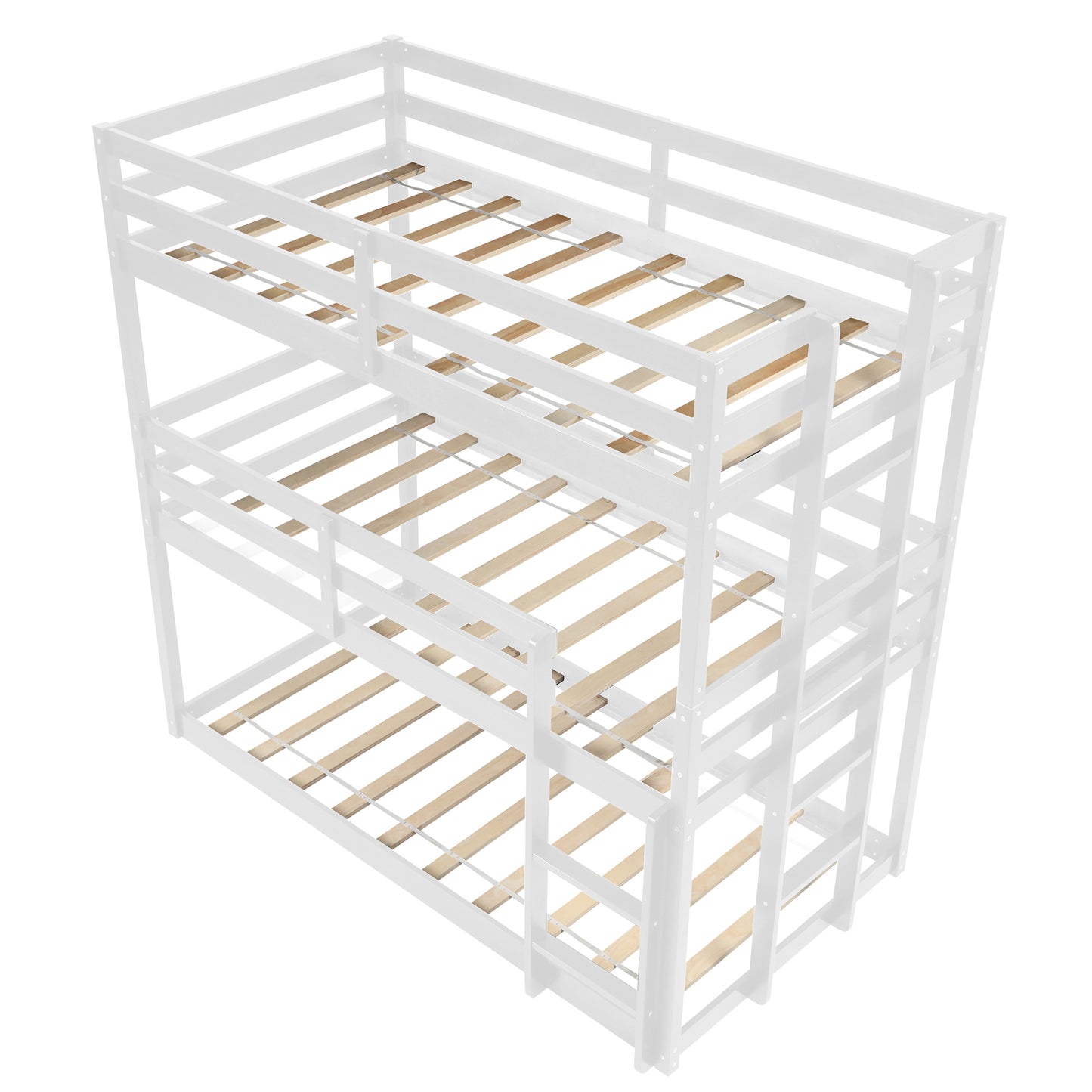 SYNGAR White Wood Triple Bunk Bed Frame for Kids, 3 Twin Bed Triple Floor Bunk Bed with Ladders, Adjustable Detachable Design 3 Bed Frame, No Box Spring Needed, Twin Over Twin Over Twin