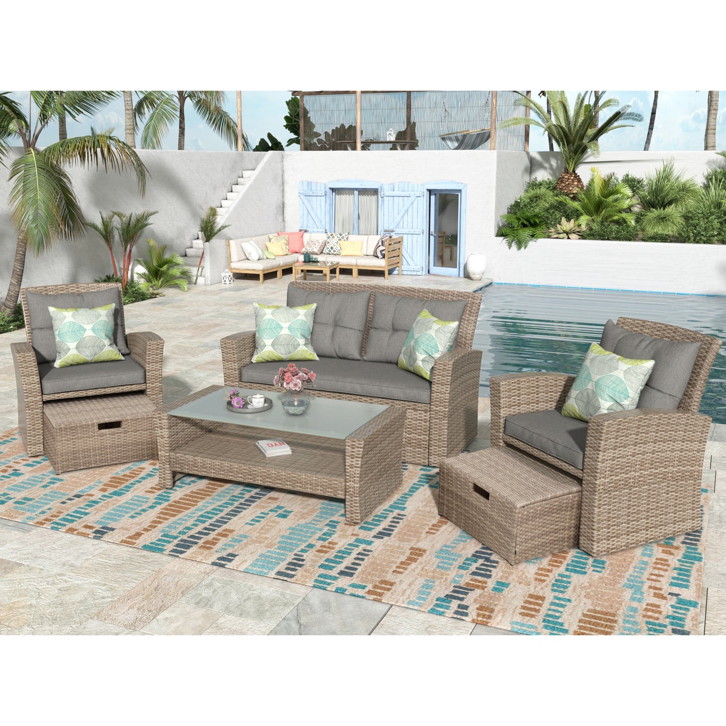 SYNGAR 4 Pieces Outdoor Patio Conversation Set, PE Rattan Wicker Furniture Set, Outdoor Patio Set Bistro Set with Loveseat Sofa, Single Chairs, Ottoman, Coffee Table for Backyard, Poolside, Gray