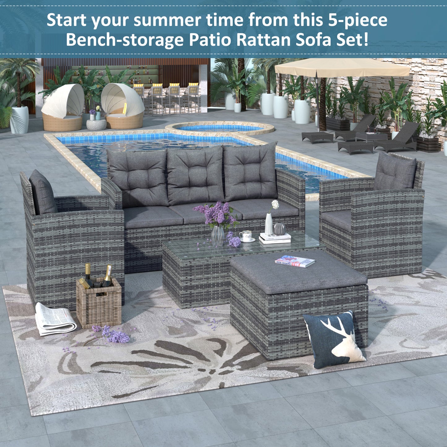 Patio Furniture Set 5 Pieces, Wicker Outdoor Conversation Sets with 3-seat Sofa, Arm Chair, and Ottoman, Outdoor Sectional Patio Sofa Set with Storage Bench for Garden Poolside Deck, Gray, LJ3665