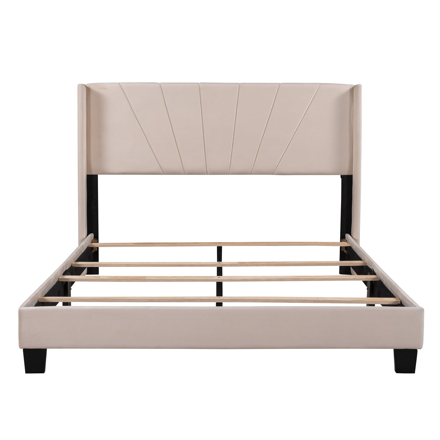 Syngar Velvet Upholstered Platform Bed Frame with Headboard, Queen Size Bed for Kids Teens Adults, Box Spring Needed, 500 LBS Load Capacity, Beige