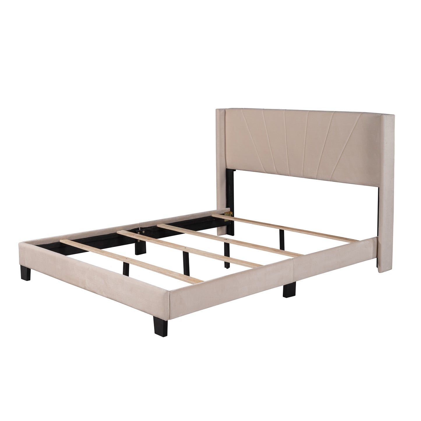 Syngar Velvet Upholstered Platform Bed Frame with Headboard, Queen Size Bed for Kids Teens Adults, Box Spring Needed, 500 LBS Load Capacity, Beige