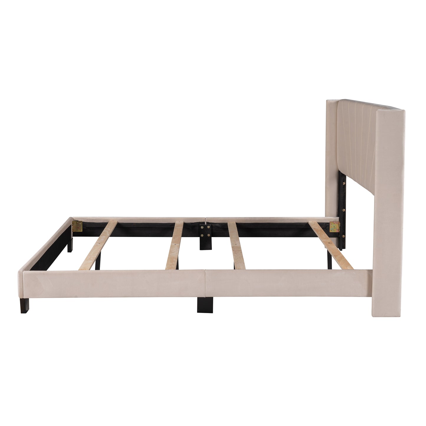 Syngar Velvet Upholstered Platform Bed Frame with Headboard, Queen Size Bed for Kids Teens Adults, Box Spring Needed, 500 LBS Load Capacity, Beige