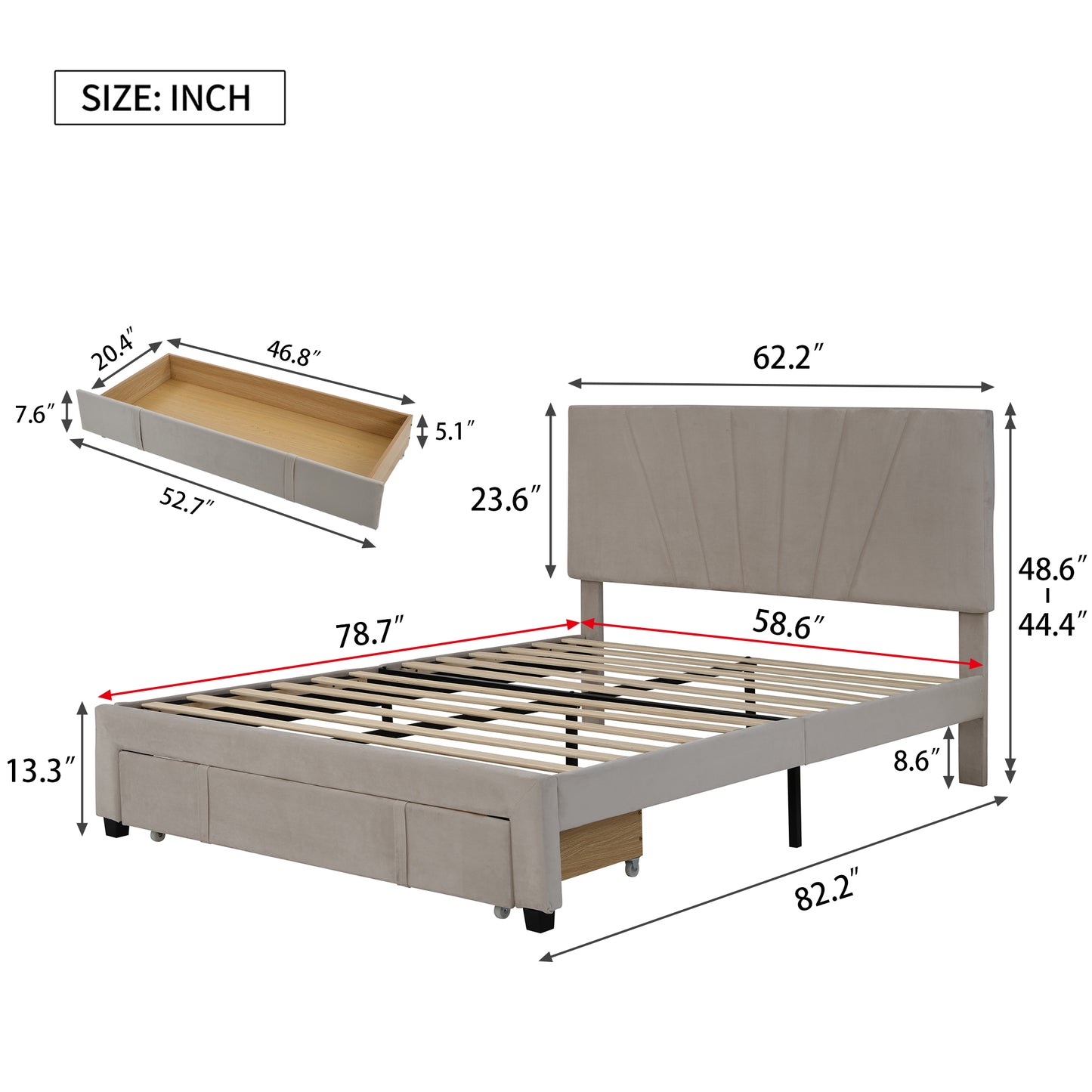 SYNGAR Upholstered Queen Platform Bed Frame with Storage Drawers, Queen Size Storage Bed with Velvet Headboard, Mattress Foundation with Strong Slats, No Box Spring Needed, Noise Free, Beige