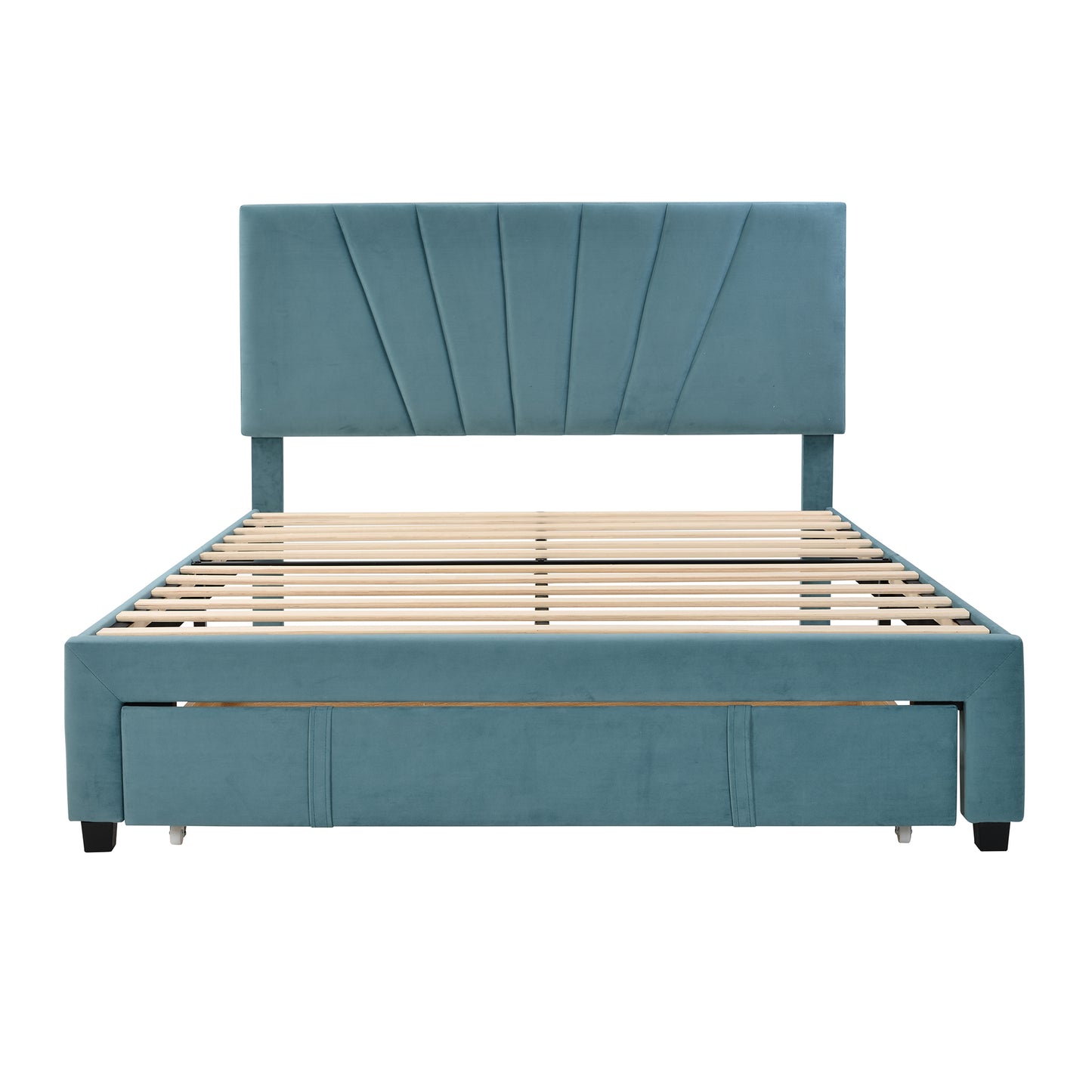 SYNGAR Upholstered Queen Platform Bed Frame with Storage Drawers, Queen Size Storage Bed with Velvet Headboard, Mattress Foundation with Strong Slats, No Box Spring Needed, Noise Free, Blue