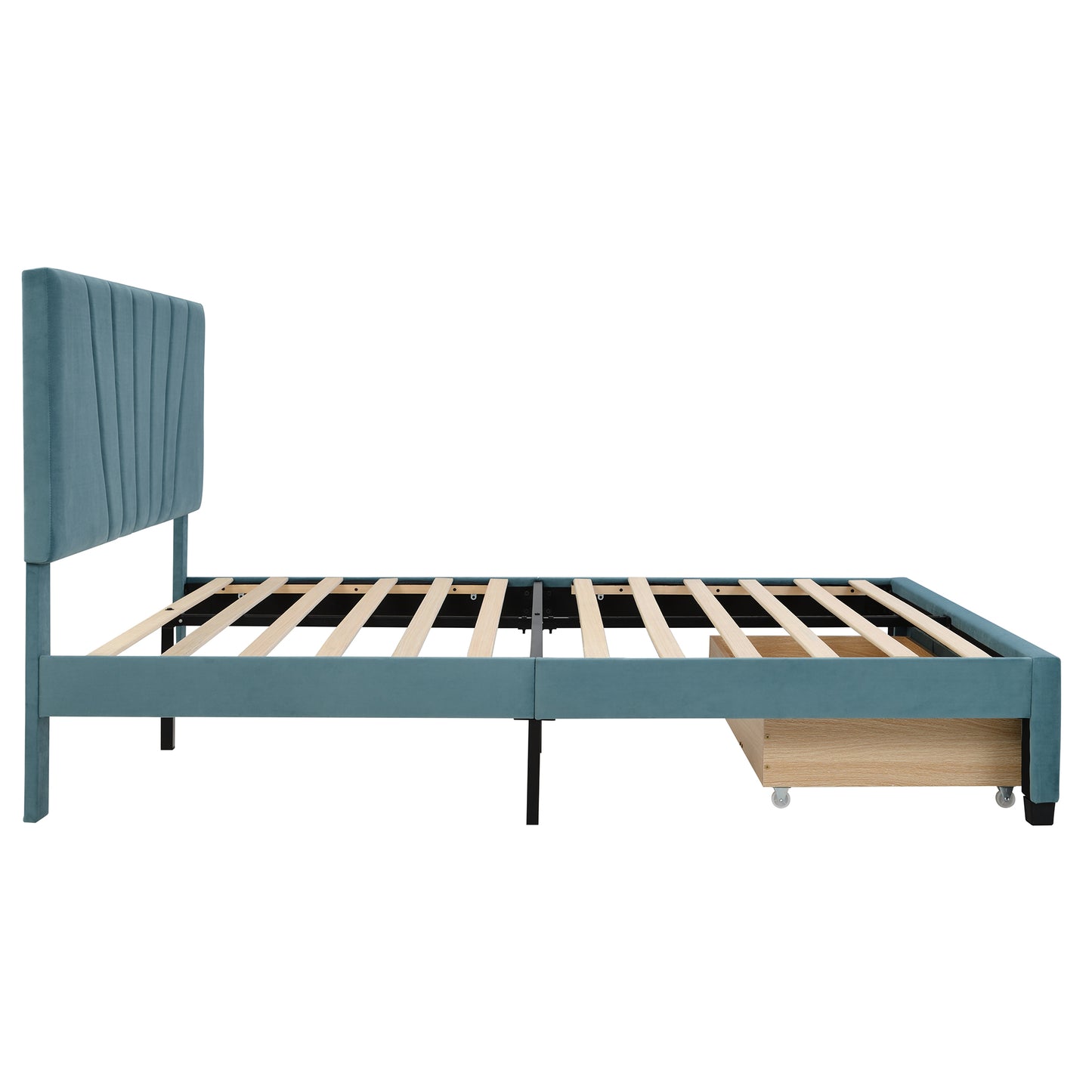 SYNGAR Upholstered Queen Platform Bed Frame with Storage Drawers, Queen Size Storage Bed with Velvet Headboard, Mattress Foundation with Strong Slats, No Box Spring Needed, Noise Free, Blue