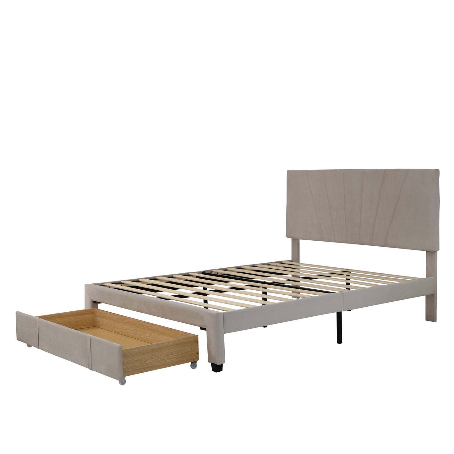 SYNGAR Upholstered Queen Platform Bed Frame with Storage Drawers, Queen Size Storage Bed with Velvet Headboard, Mattress Foundation with Strong Slats, No Box Spring Needed, Noise Free, Beige