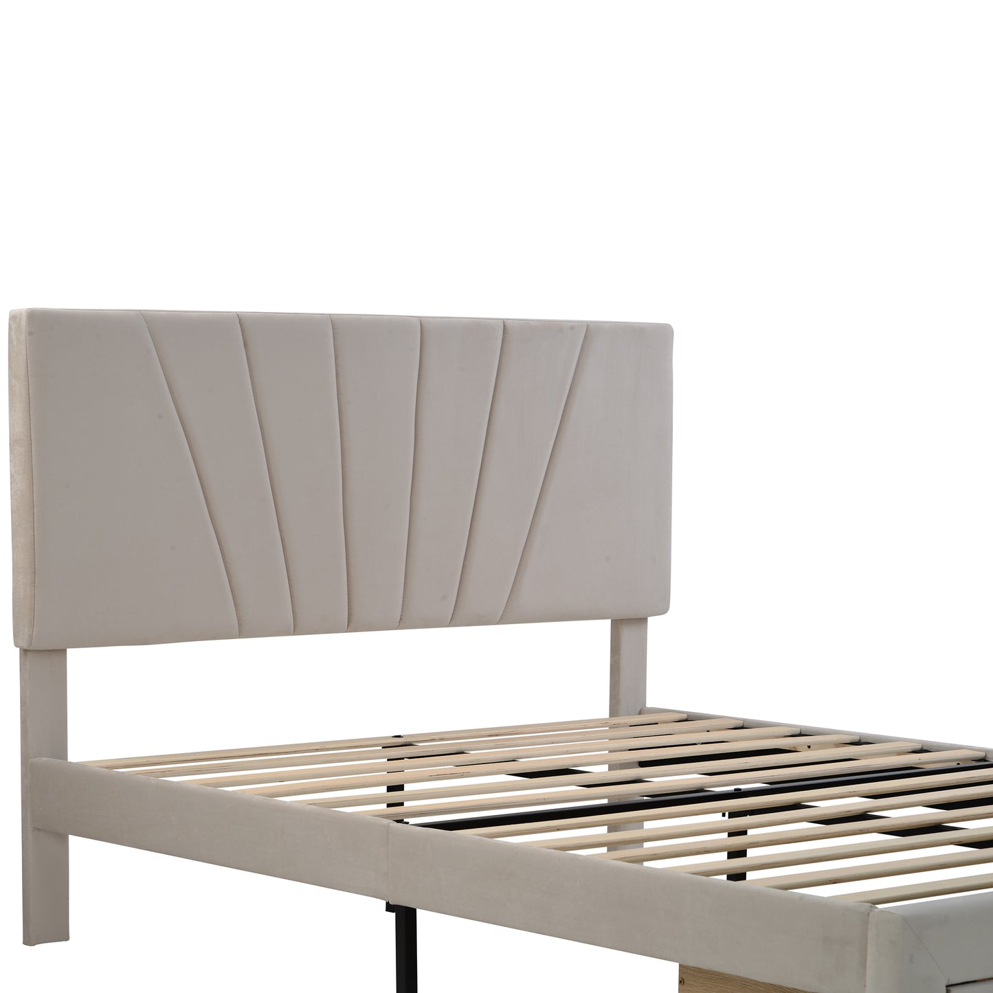 SYNGAR Upholstered Queen Platform Bed Frame with Storage Drawers, Queen Size Storage Bed with Velvet Headboard, Mattress Foundation with Strong Slats, No Box Spring Needed, Noise Free, Beige