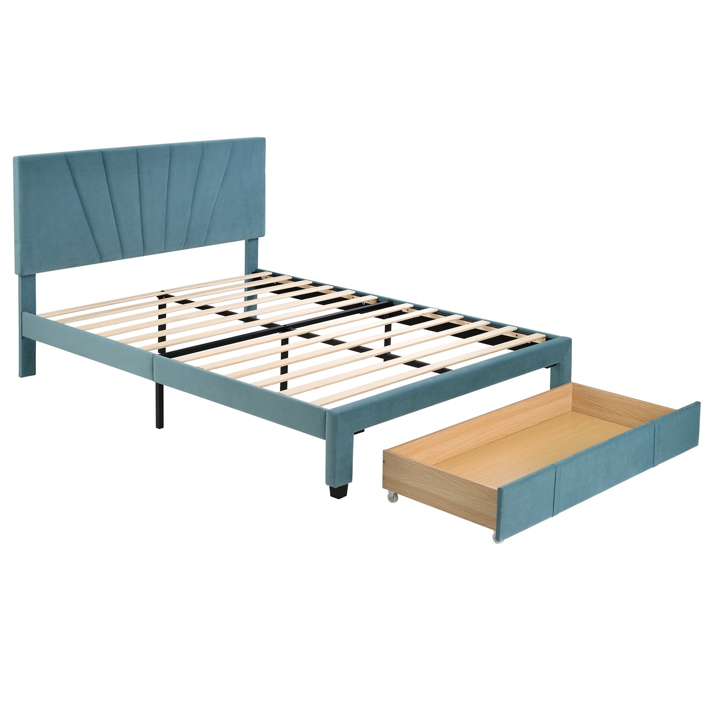 SYNGAR Upholstered Queen Platform Bed Frame with Storage Drawers, Queen Size Storage Bed with Velvet Headboard, Mattress Foundation with Strong Slats, No Box Spring Needed, Noise Free, Blue