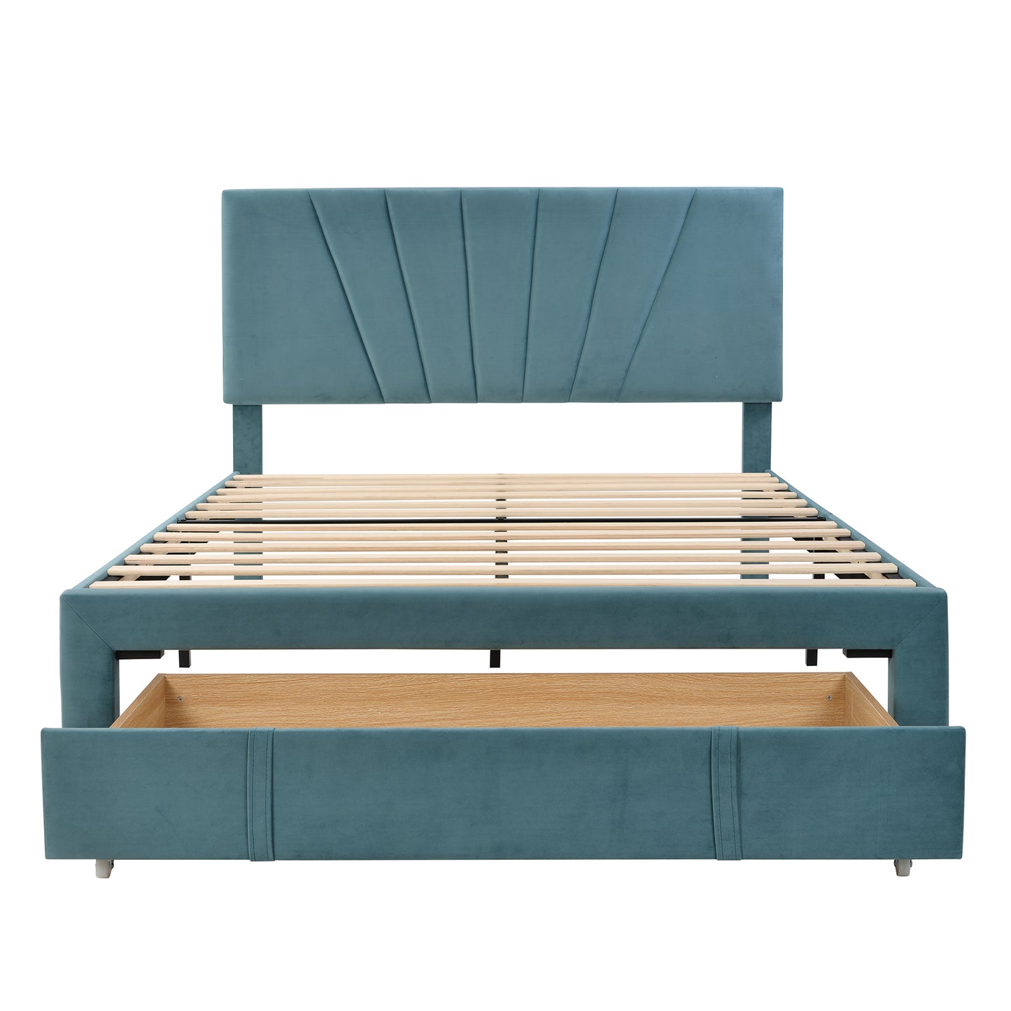 SYNGAR Upholstered Queen Platform Bed Frame with Storage Drawers, Queen Size Storage Bed with Velvet Headboard, Mattress Foundation with Strong Slats, No Box Spring Needed, Noise Free, Blue