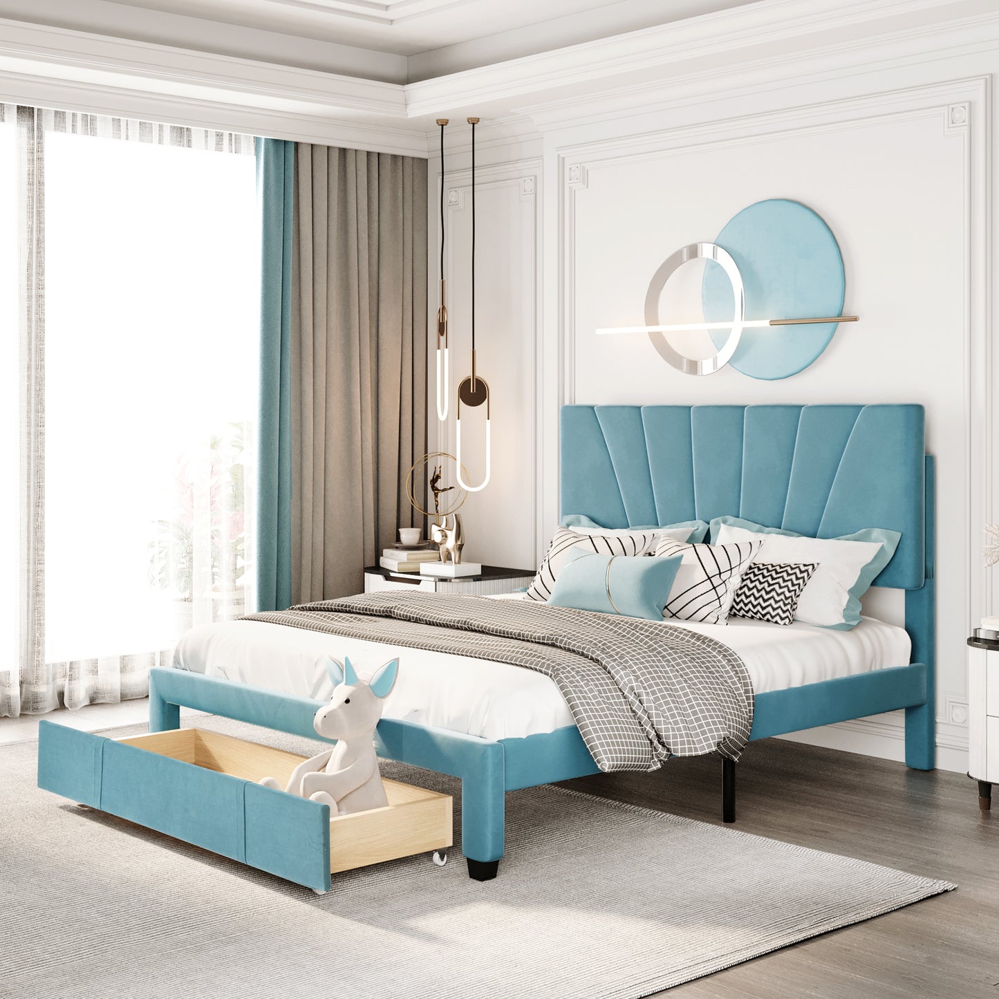 SYNGAR Upholstered Queen Platform Bed Frame with Storage Drawers, Queen Size Storage Bed with Velvet Headboard, Mattress Foundation with Strong Slats, No Box Spring Needed, Noise Free, Blue
