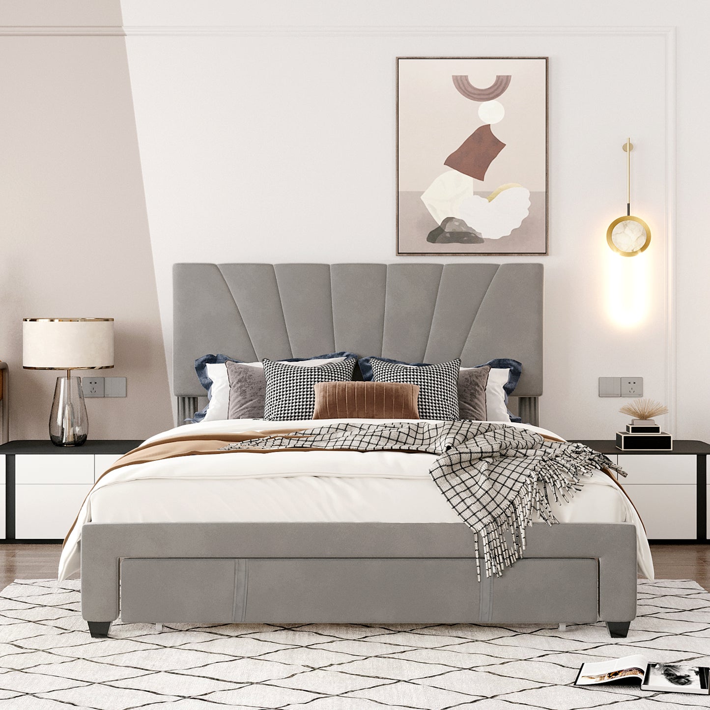 SYNGAR Upholstered Queen Platform Bed Frame with Storage Drawers, Queen Size Storage Bed with Velvet Headboard, Mattress Foundation with Strong Slats, No Box Spring Needed, Noise Free, Blue