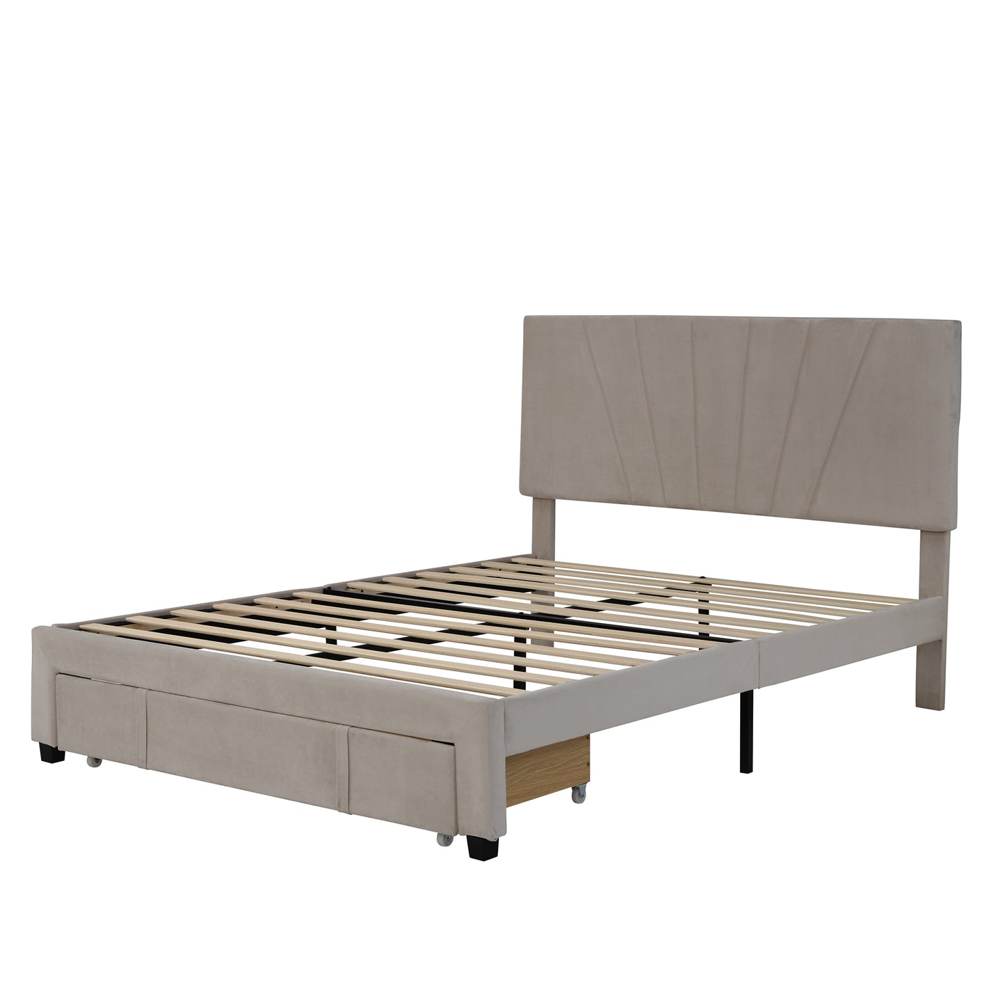 SYNGAR Upholstered Queen Platform Bed Frame with Storage Drawers, Queen Size Storage Bed with Velvet Headboard, Mattress Foundation with Strong Slats, No Box Spring Needed, Noise Free, Beige