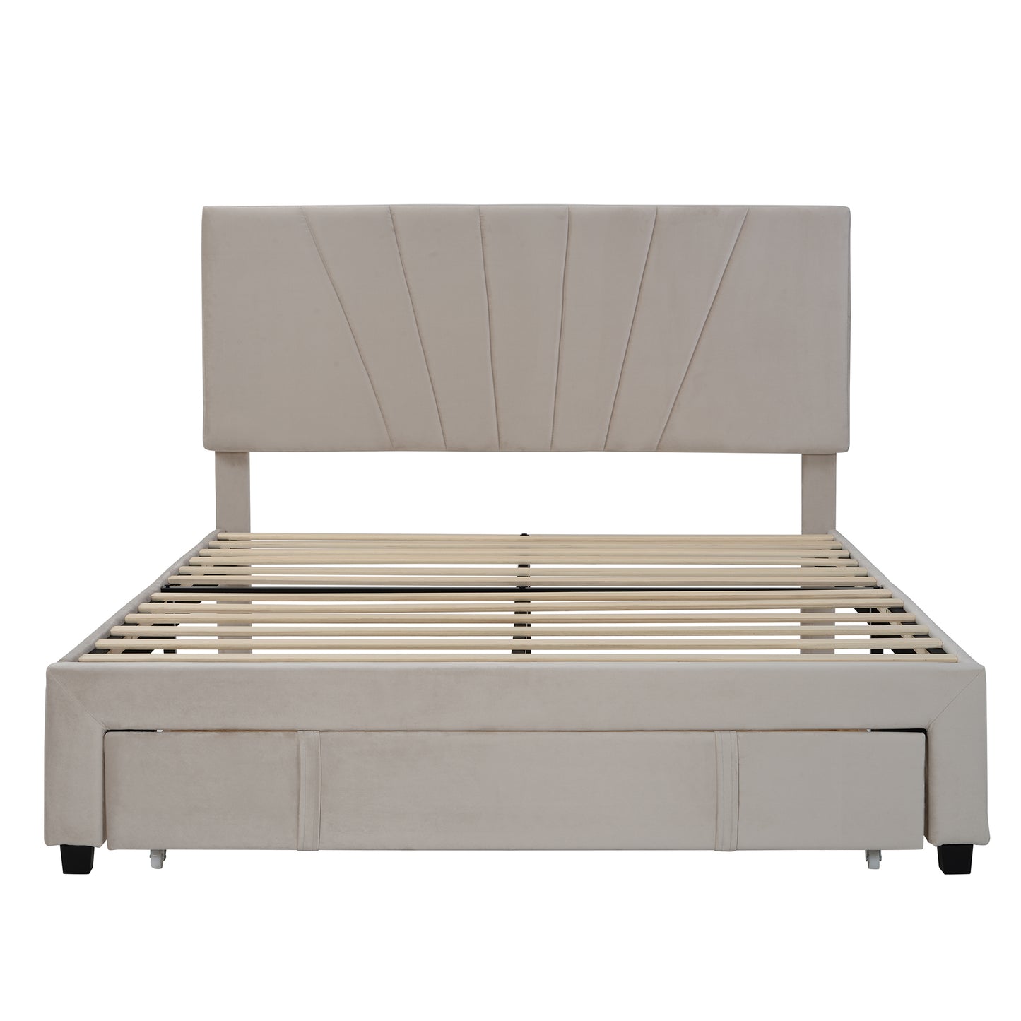 SYNGAR Upholstered Queen Platform Bed Frame with Storage Drawers, Queen Size Storage Bed with Velvet Headboard, Mattress Foundation with Strong Slats, No Box Spring Needed, Noise Free, Beige