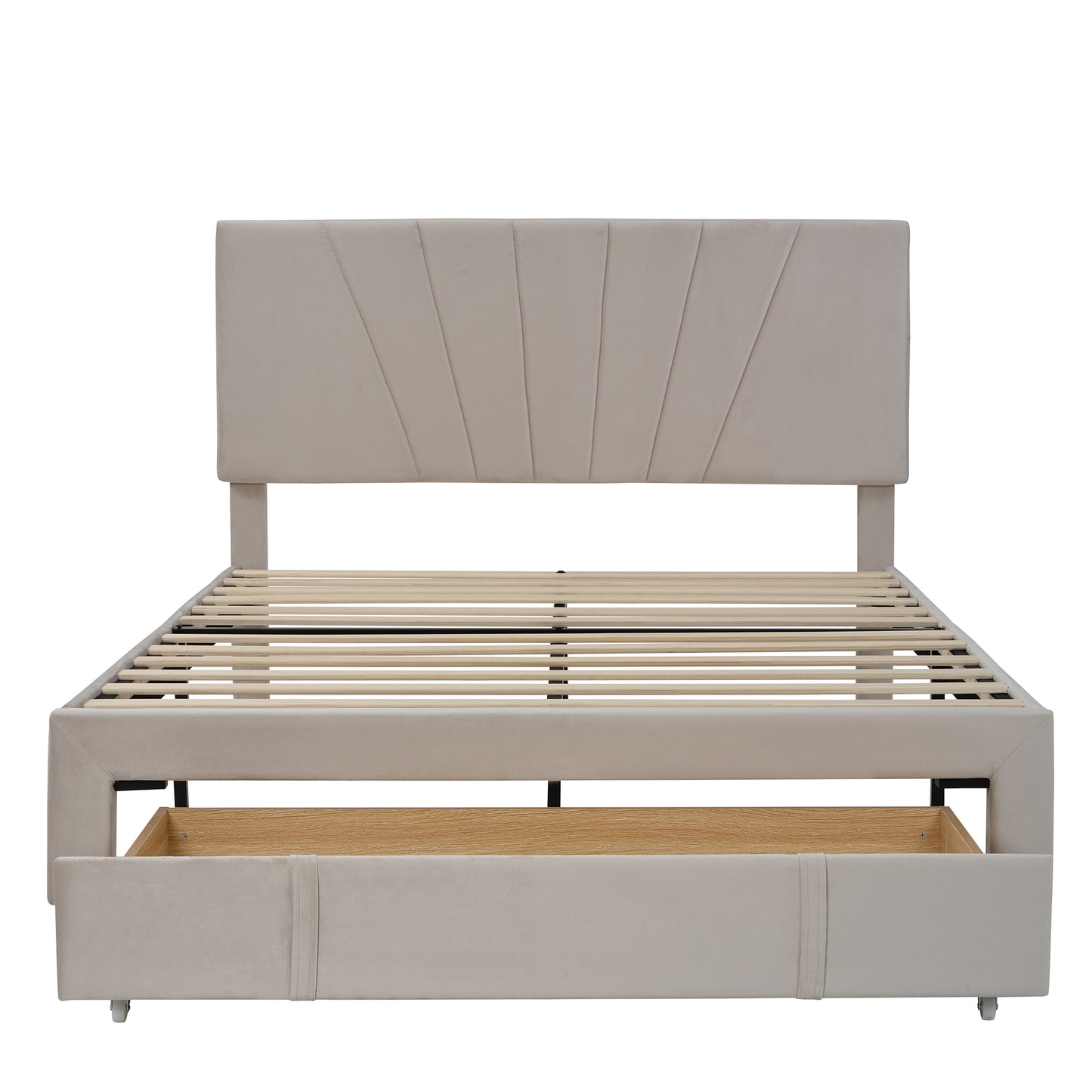SYNGAR Upholstered Queen Platform Bed Frame with Storage Drawers, Queen Size Storage Bed with Velvet Headboard, Mattress Foundation with Strong Slats, No Box Spring Needed, Noise Free, Beige