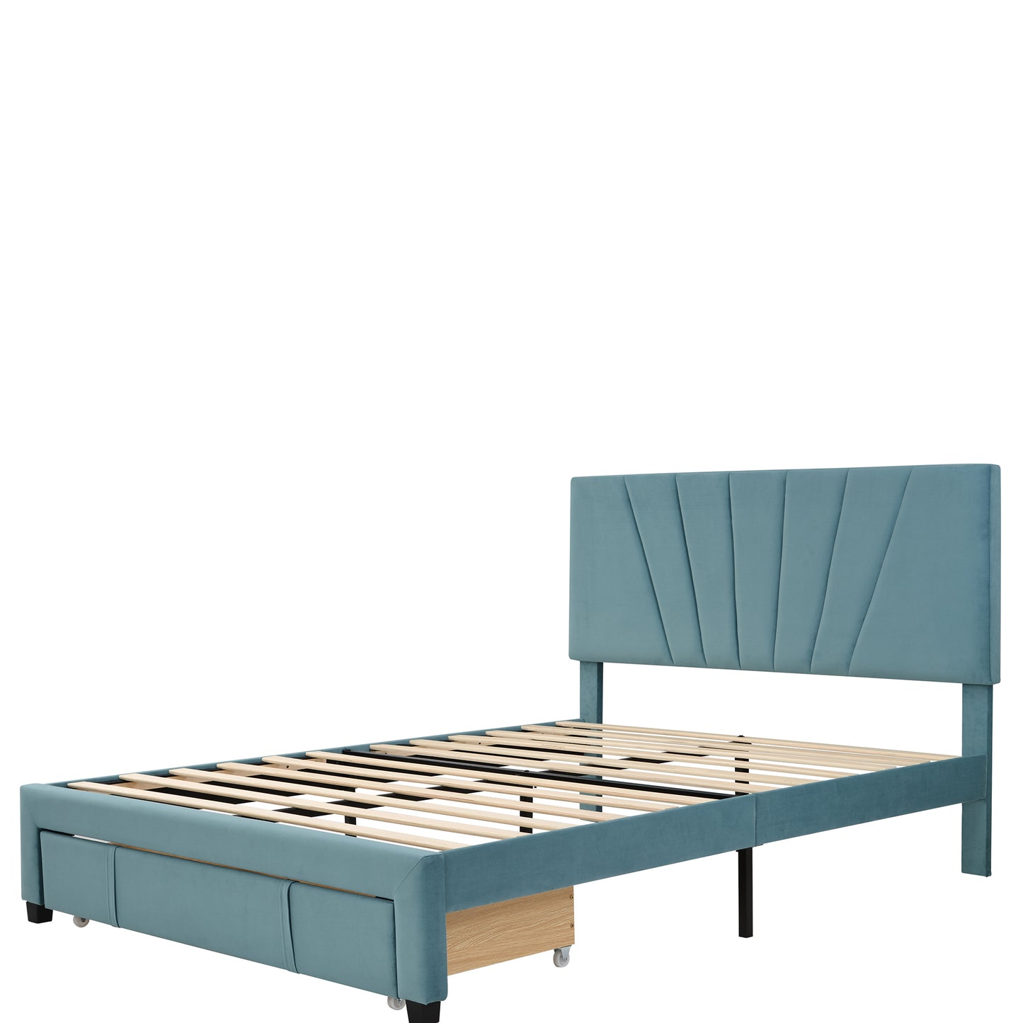 SYNGAR Upholstered Queen Platform Bed Frame with Storage Drawers, Queen Size Storage Bed with Velvet Headboard, Mattress Foundation with Strong Slats, No Box Spring Needed, Noise Free, Blue