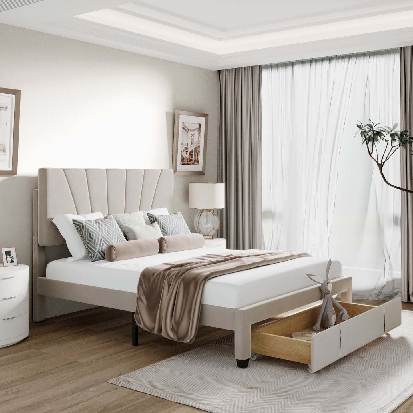 SYNGAR Upholstered Queen Platform Bed Frame with Storage Drawers, Queen Size Storage Bed with Velvet Headboard, Mattress Foundation with Strong Slats, No Box Spring Needed, Noise Free, Beige