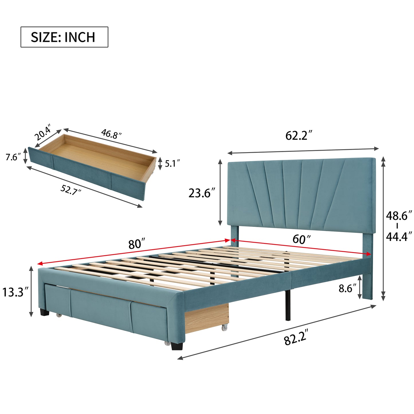 SYNGAR Upholstered Queen Platform Bed Frame with Storage Drawers, Queen Size Storage Bed with Velvet Headboard, Mattress Foundation with Strong Slats, No Box Spring Needed, Noise Free, Blue