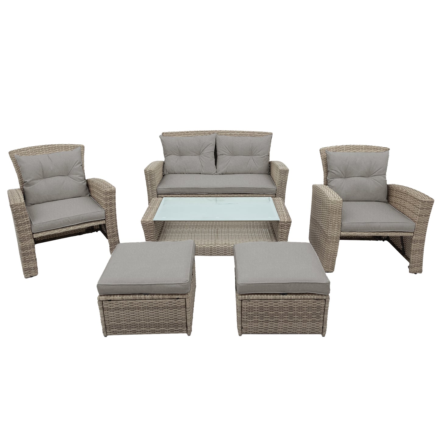 SYNGAR 4 Pieces Outdoor Patio Conversation Set, PE Rattan Wicker Furniture Set, Outdoor Patio Set Bistro Set with Loveseat Sofa, Single Chairs, Ottoman, Coffee Table for Backyard, Poolside, Gray