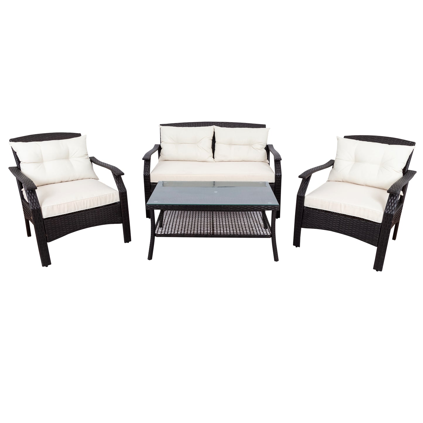SYNGAR 4 Piece Patio Conversation Sets, Outdoor All Weather Wicker Furniture Sofa Couch Dining Set with Storage Table, Chairs, Loveseat, Cushioned Seats for Garden, Lawn, Backyard, Porch, Beige
